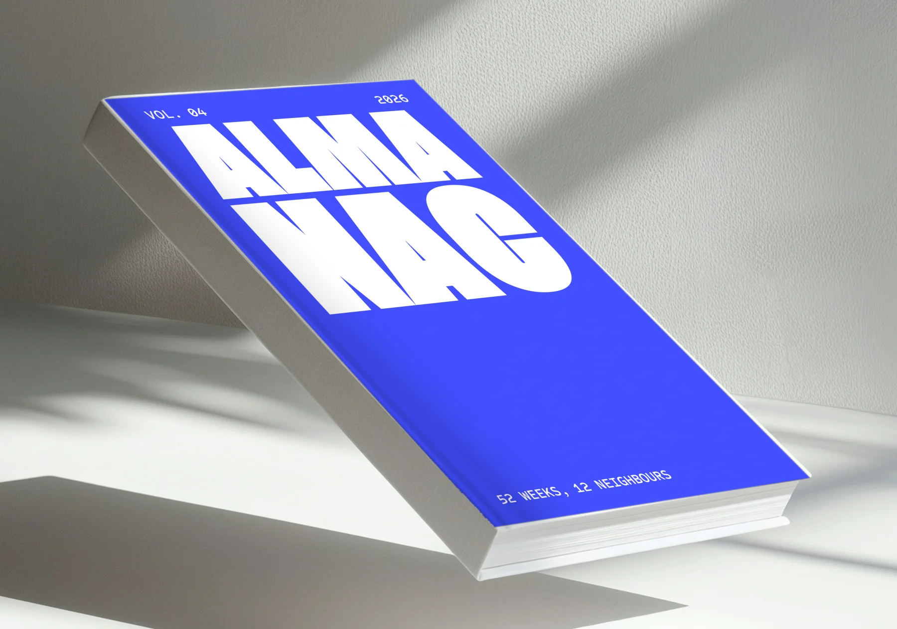 Almanac book cover in cobalt blue, standing in window light