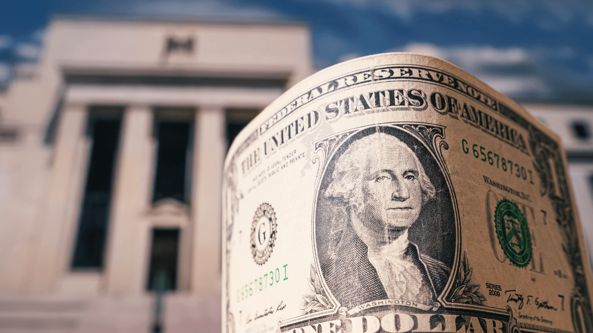 dollars on the background Federal Reserve Building in Washington DC, United States, FED