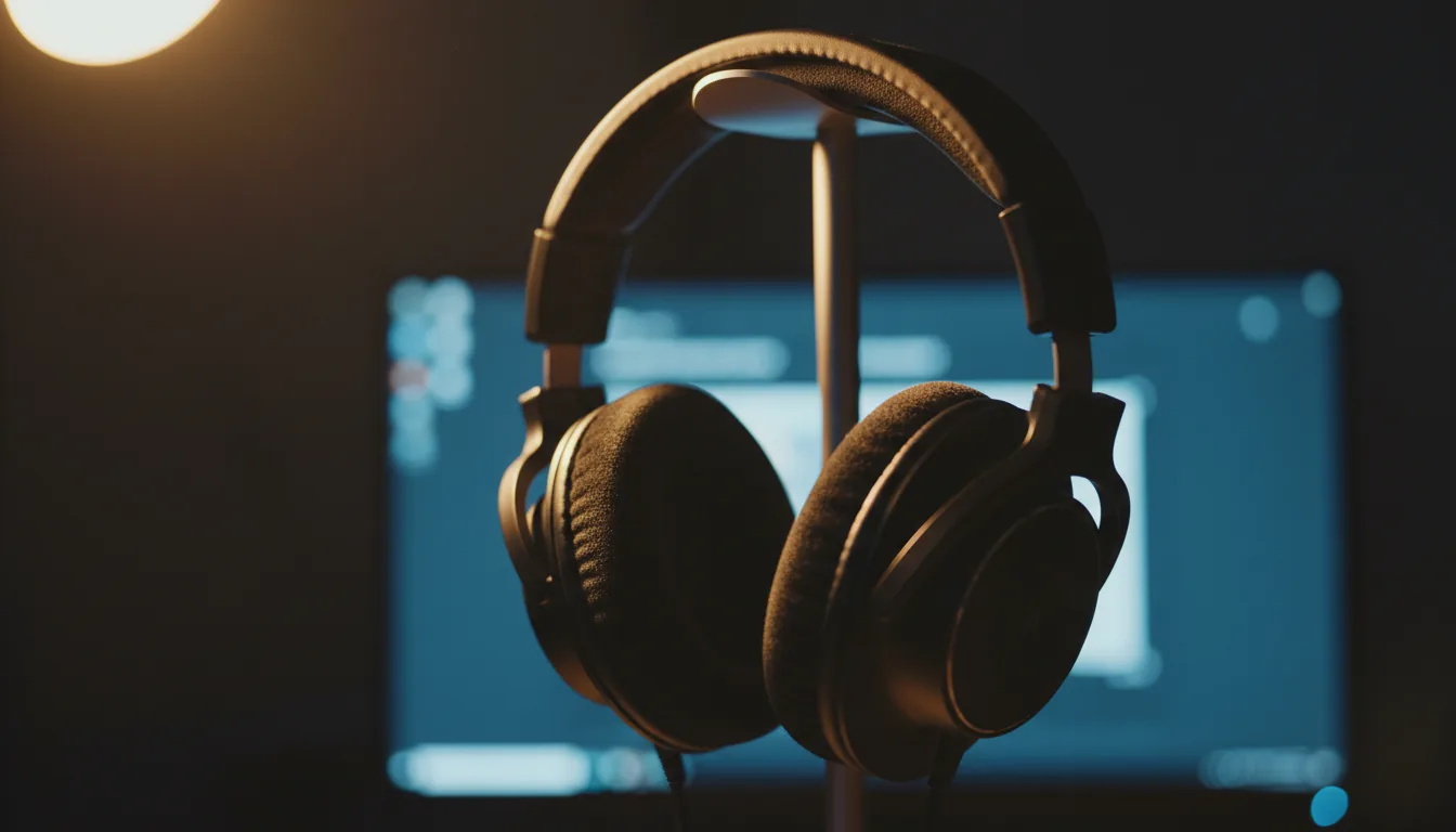 DSLR close-up photograph of black over-ear studio headphones hanging on a stand in a dark room, cinematic contrast, a single warm key light from the side highlights the textured matte plastic and velour earpad details, casting deep shadows, shallow depth of field with a blurry computer monitor glowing with a cool blue light in the background, creating strong bokeh.