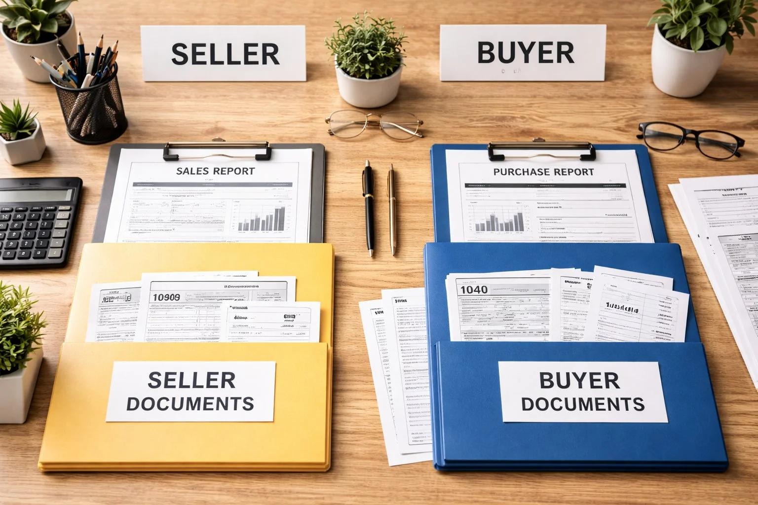 Desk organized for compliance, with paperwork neatly divided into seller and buyer sections.