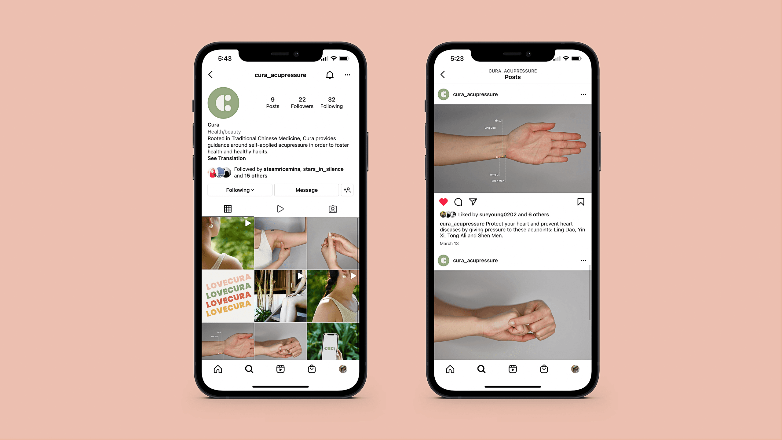 Two smartphones display the Cura app interface. The left phone shows a grid of posts with accompanying images and text, including “Cura Healthbeauty” and “Rooted in Traditional Chinese Medicine, Cura provides guidance around health and wellness.” A “Following” button is visible. The right phone displays a post from Cura’s Instagram account, titled “@cura_acupressure Posts,” showing a hand image and text about stress and heart health. The time on both phones is 5:43.