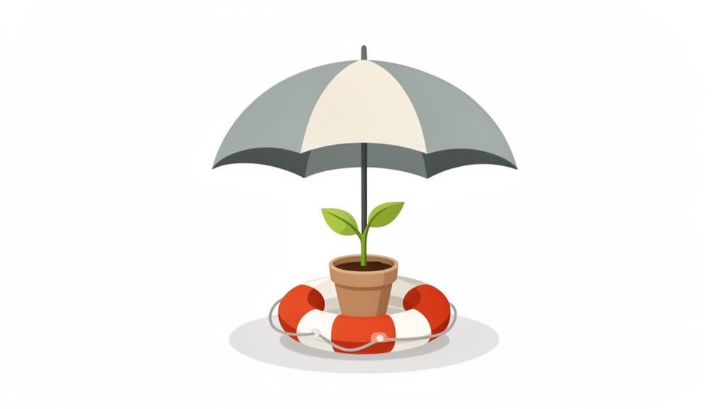 A potted plant under an umbrella, encircled by a lifebuoy, symbolizing protection and secure growth.