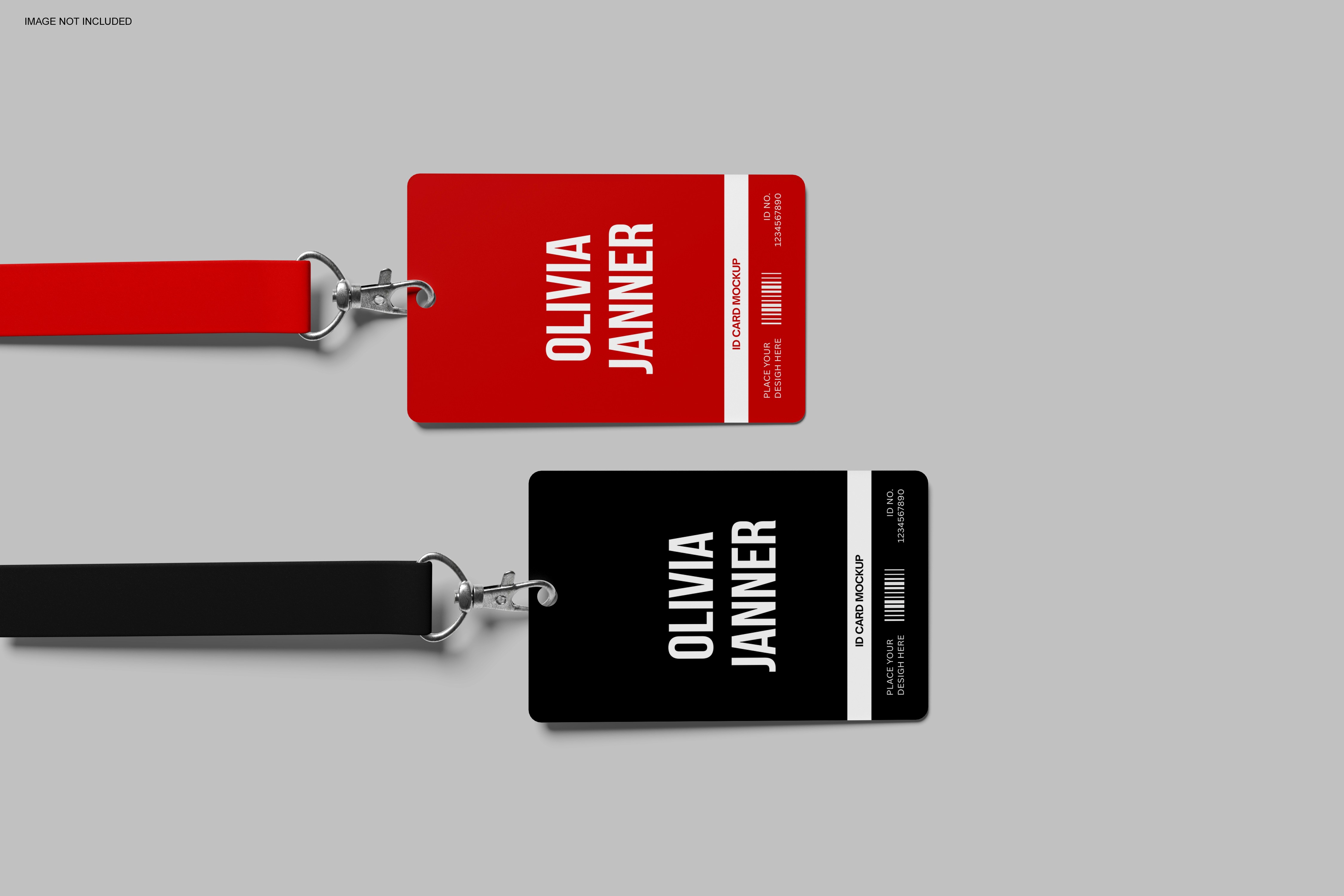 Red and black ID badge mockups with the name “Olivia Janner.”