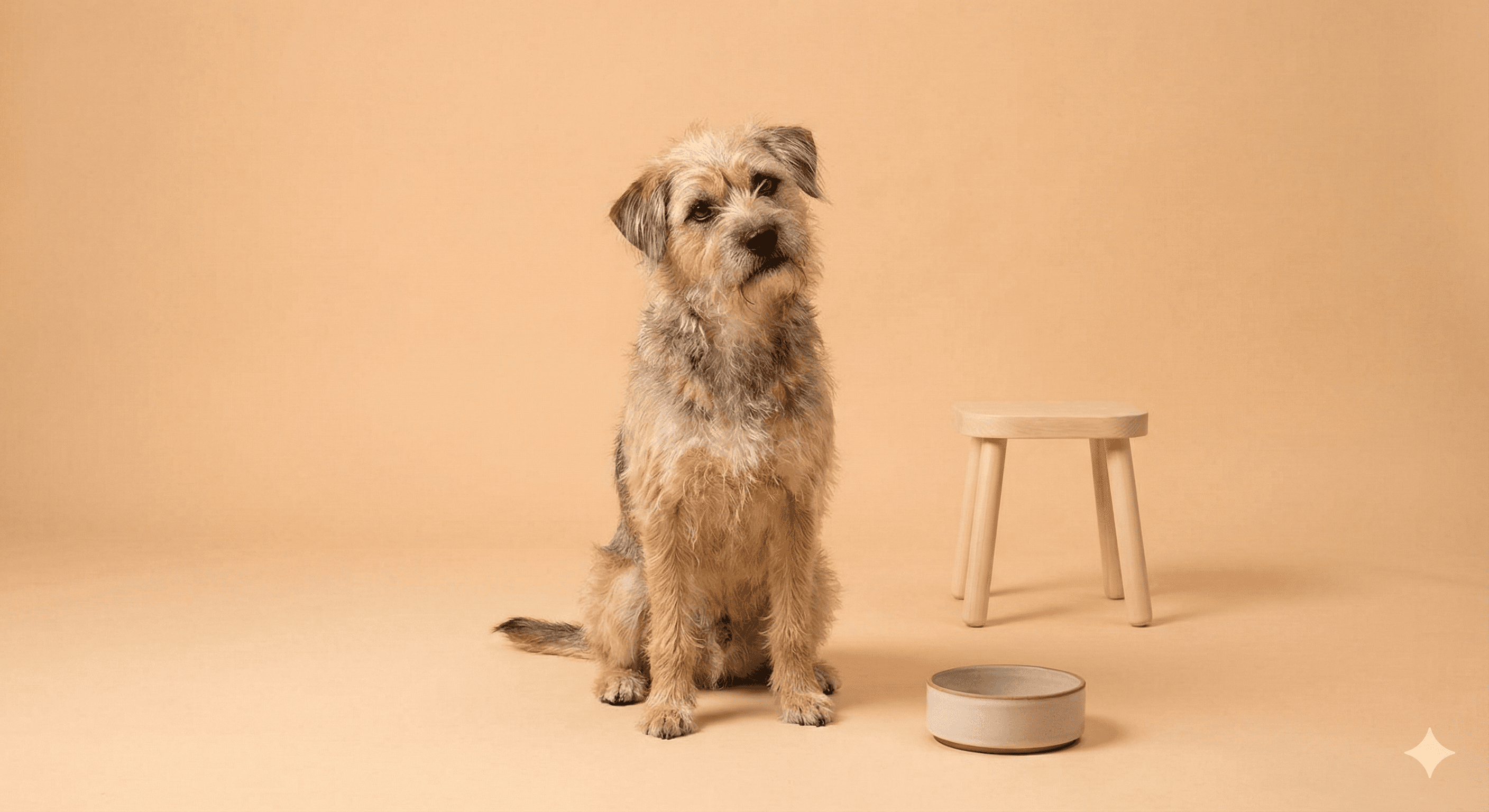 Dog sitting on a studio set with a solid warm mustard yellow background, soft diffused lighting, lifestyle photography style, rounded-corner frame look, cozy modern DTC aesthetic, no text.