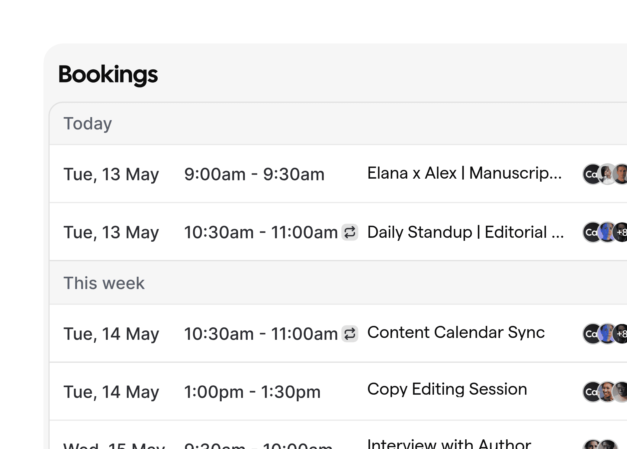 Bookings dashboard showing scheduled editorial reviews, standups, and copy editing sessions.