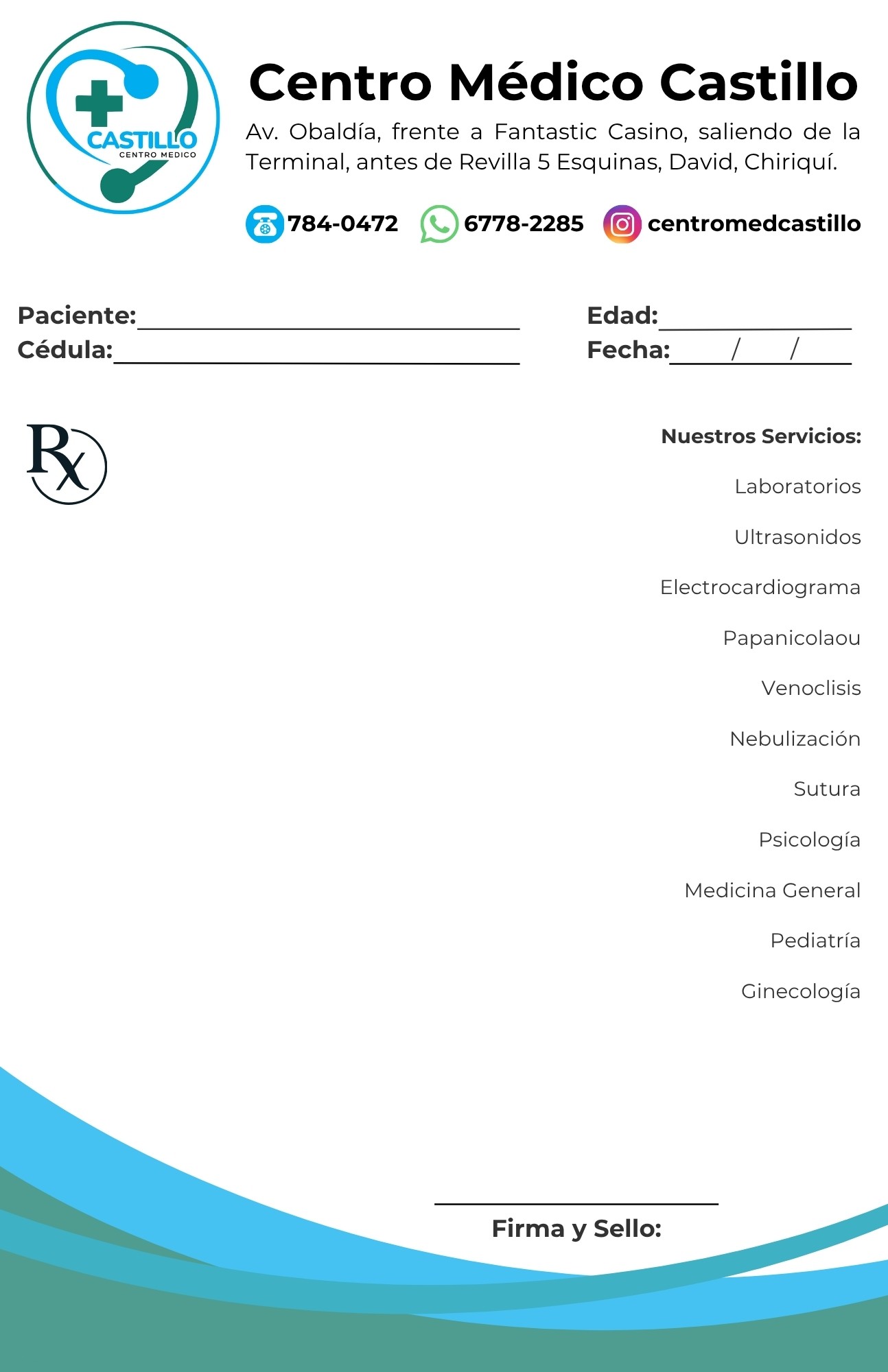 Receta médica diseñada por Fresa Marketing para el Centro Médico Castillo en David, Chiriquí. Incluye información de contacto, espacio para datos del paciente y servicios médicos, con un estilo limpio y corporativo ideal para clínicas y consultorios en Panamá