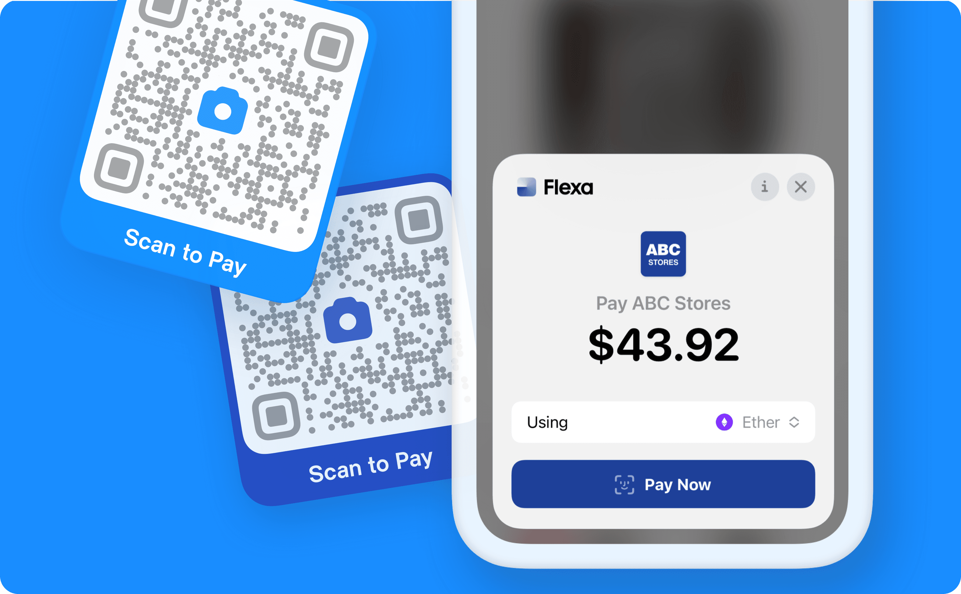 An illustration including Flexa Payment QR Codes and a view to confirm a Flexa payment on a mobile device