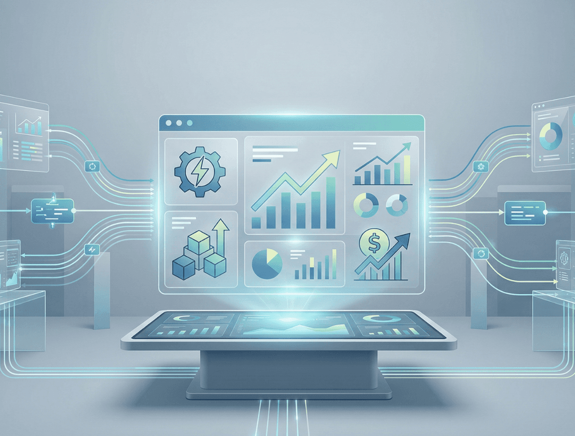 Professional digital workplace showing a team collaborating around interconnected dashboards and workflows, representing user adoption, operational alignment, and digital transformation in business systems.