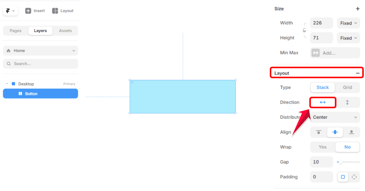 Configuration du layout horizontal dans Framer pour structurer un bouton