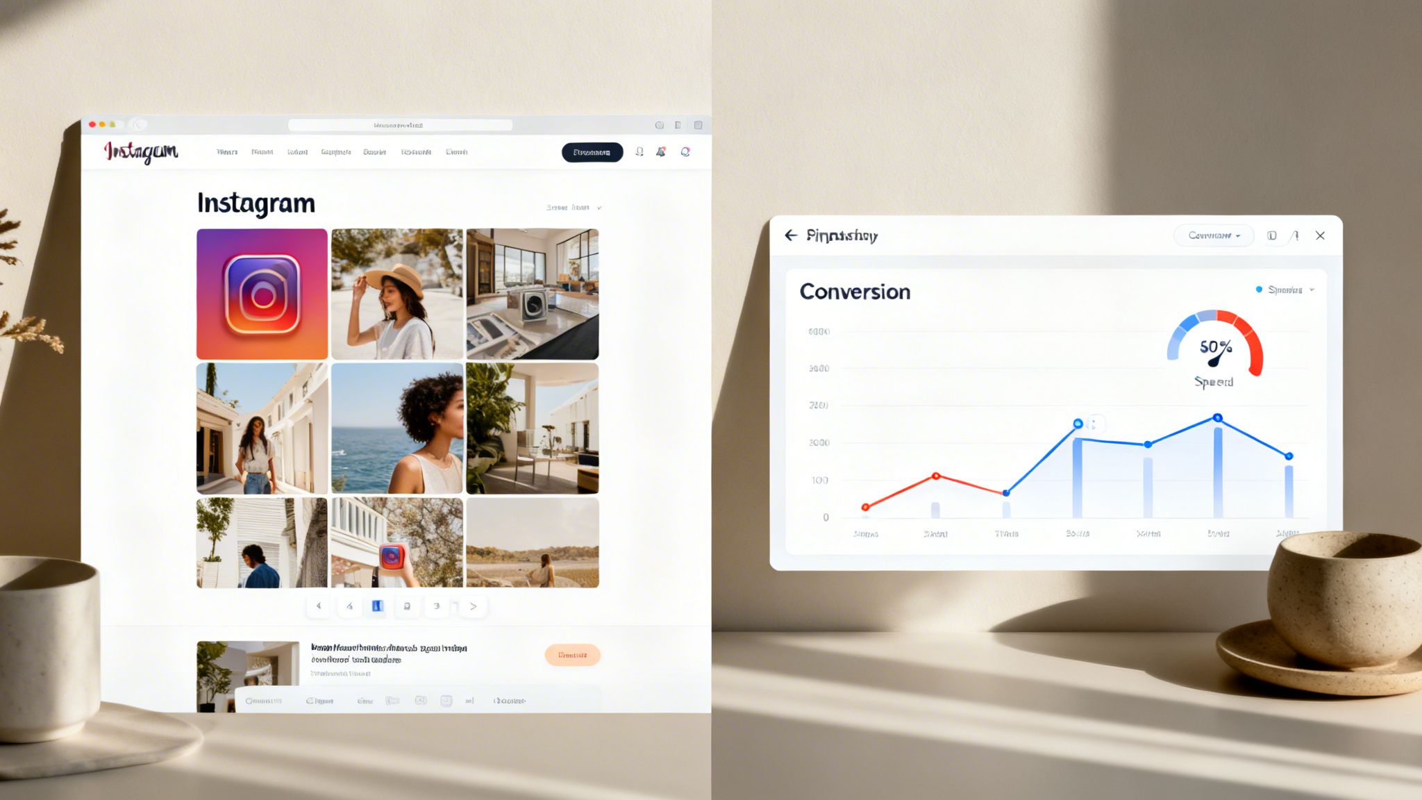 Two screens display an Instagram feed on a website and a business conversion analytics dashboard.