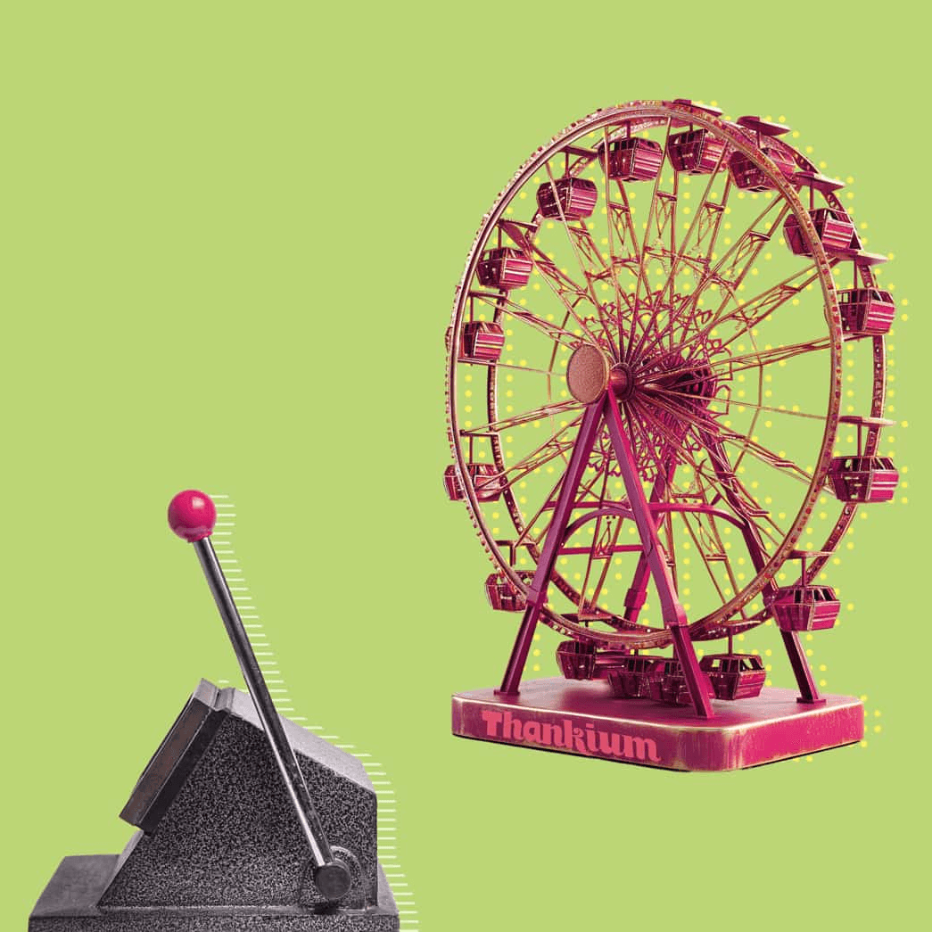 Rueda de la fortuna roja con palanca en fondo verde vibrante.