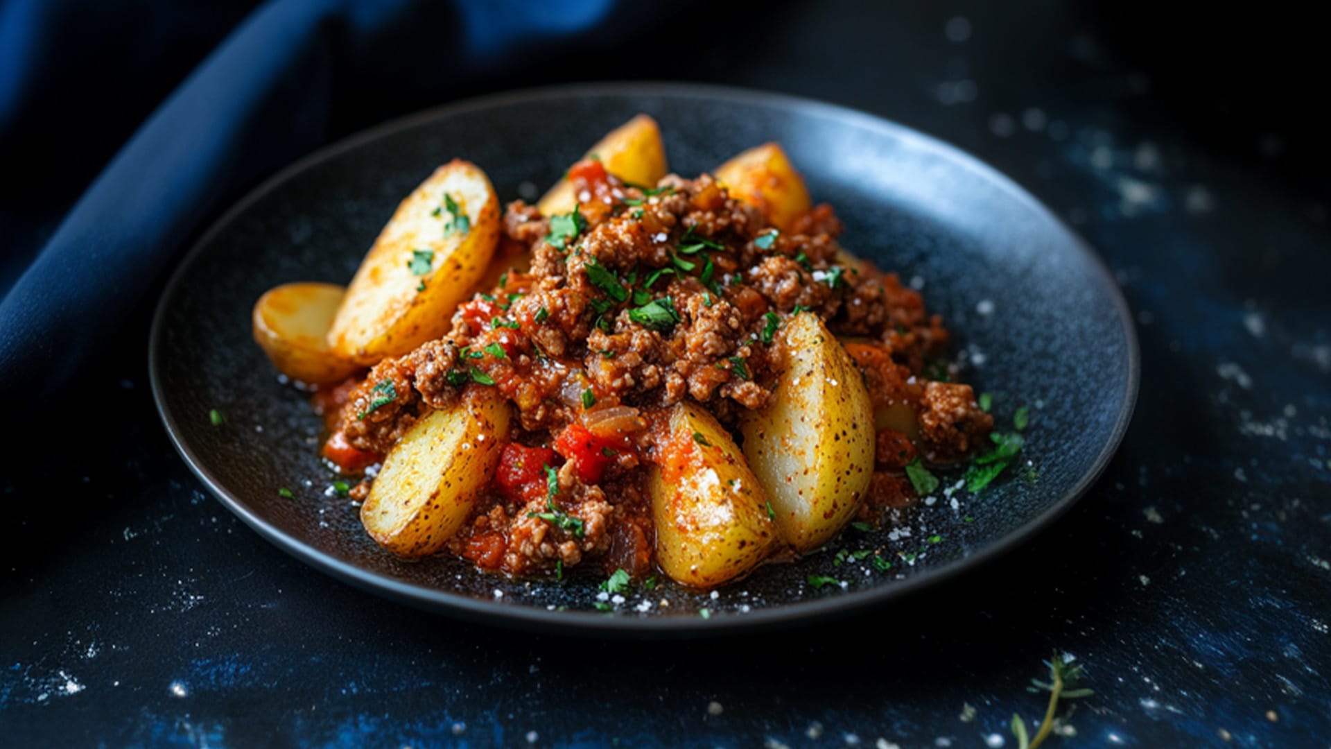 ine Kartoffel-Hackfleisch-Pfanne mit würzigen Kartoffelspalten und Hackfleischmischung, garniert mit frischer Petersilie, angerichtet auf einem Teller.