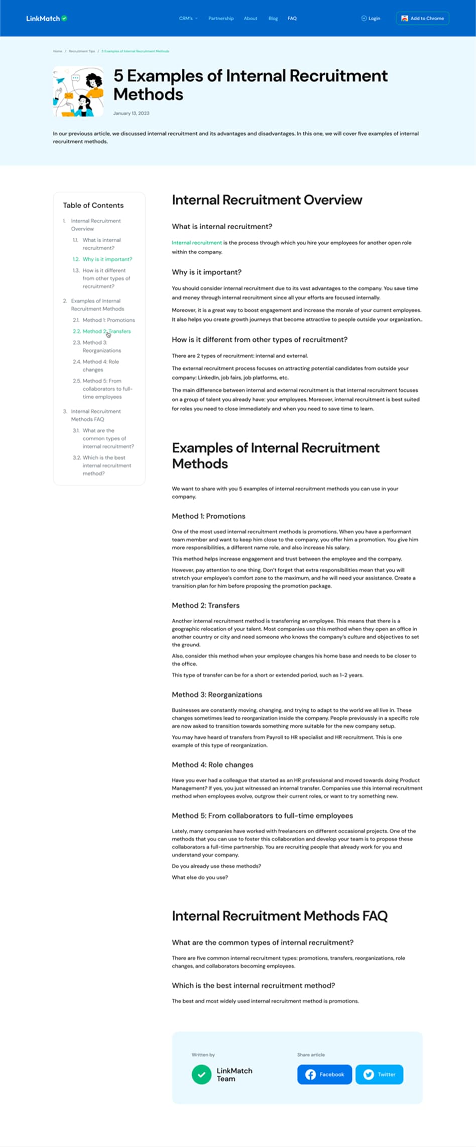 Internal recruitment methods article page featuring overview, examples, and FAQ on LinkMatch blog