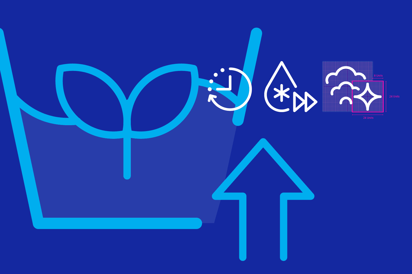 Blue background featuring a shopping basket icon with a plant sprout, water droplet, and upward arrow symbols.
