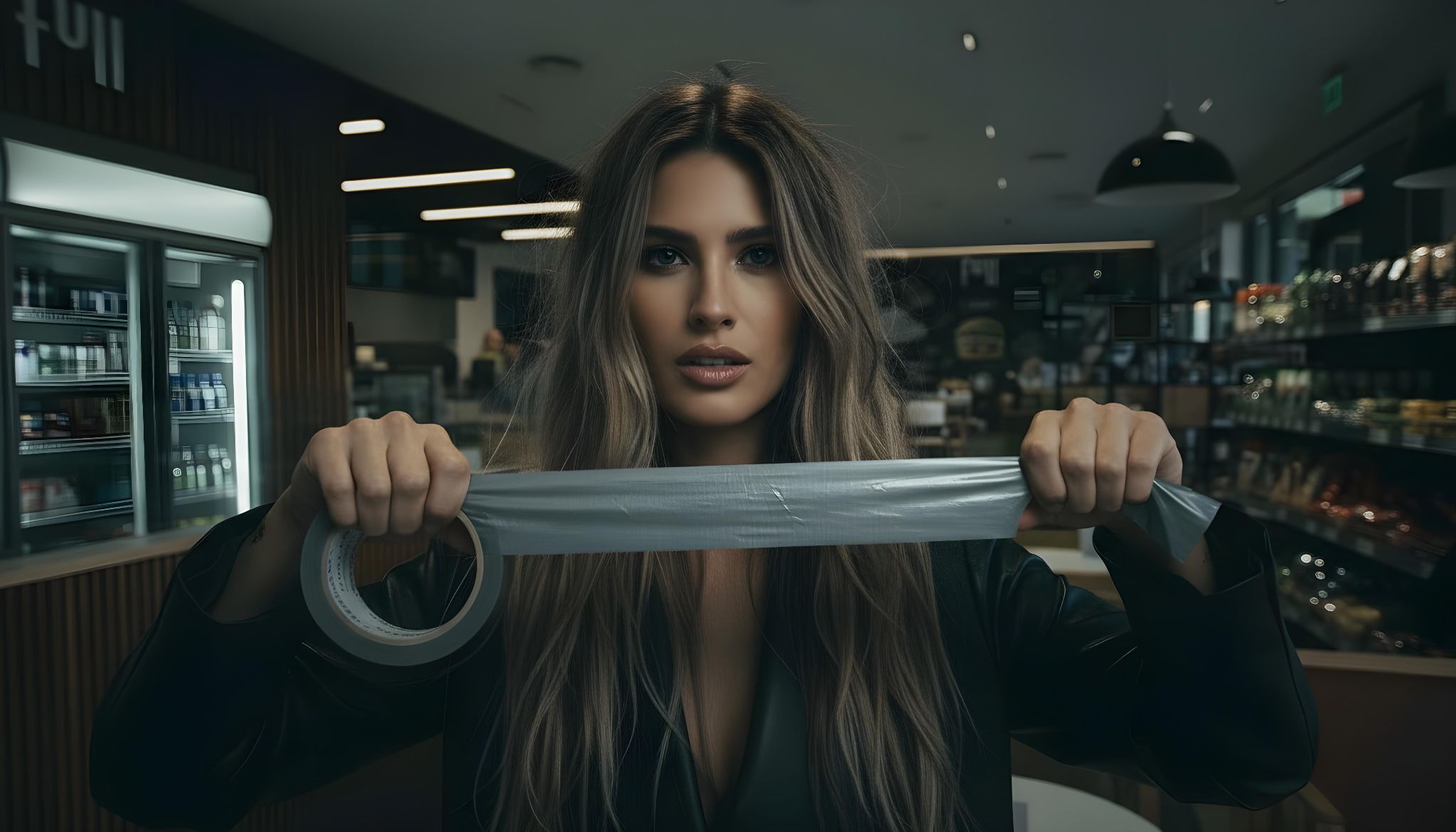 A woman with long, wavy hair holds a roll of grey duct tape, pulling a strip tight across her mouth. She is in a modern, well-lit interior.
