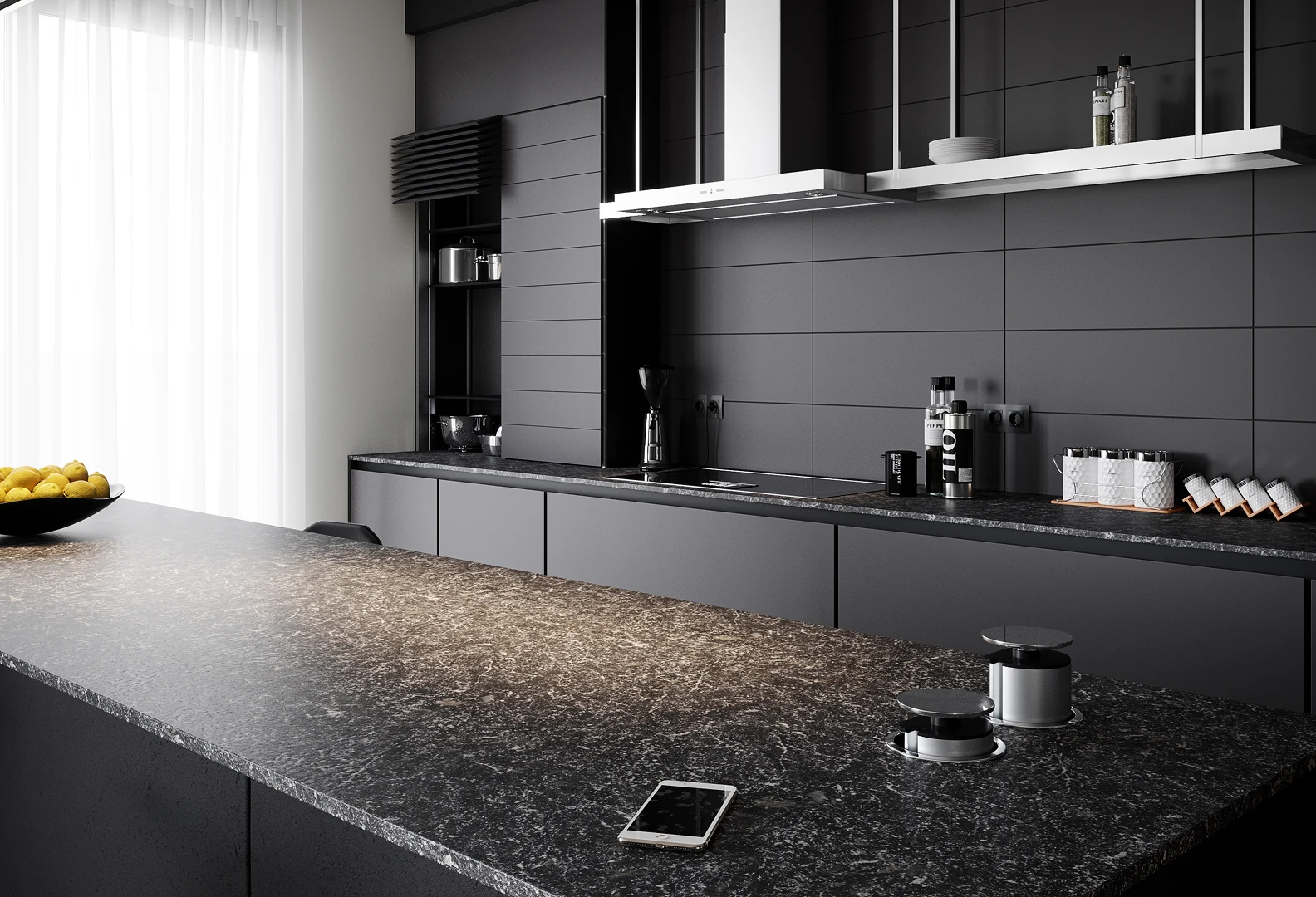 Détail — joint creux entre lambris et pierre.