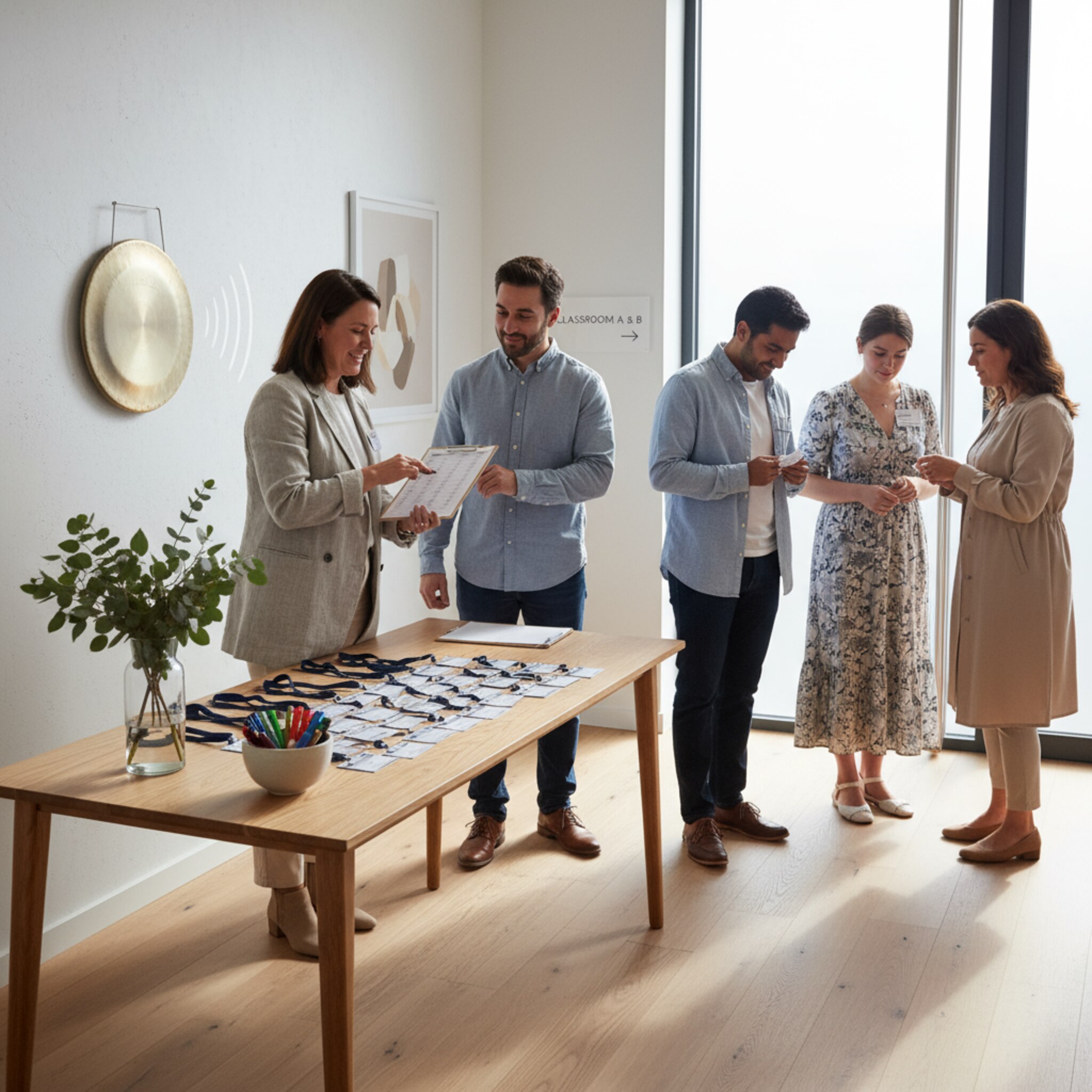 Am Eingang begrüßt ein Kursleiter die Gruppe mit einer vorbereiteten Teilnehmerliste. Namensschilder und kleine Willkommenszettel liegen auf einem Tisch. Ein leiser Gong markiert den Start, Gespräche verstummen. Die Stimmung ist klar strukturiert, alle wissen, wohin sie gehören.