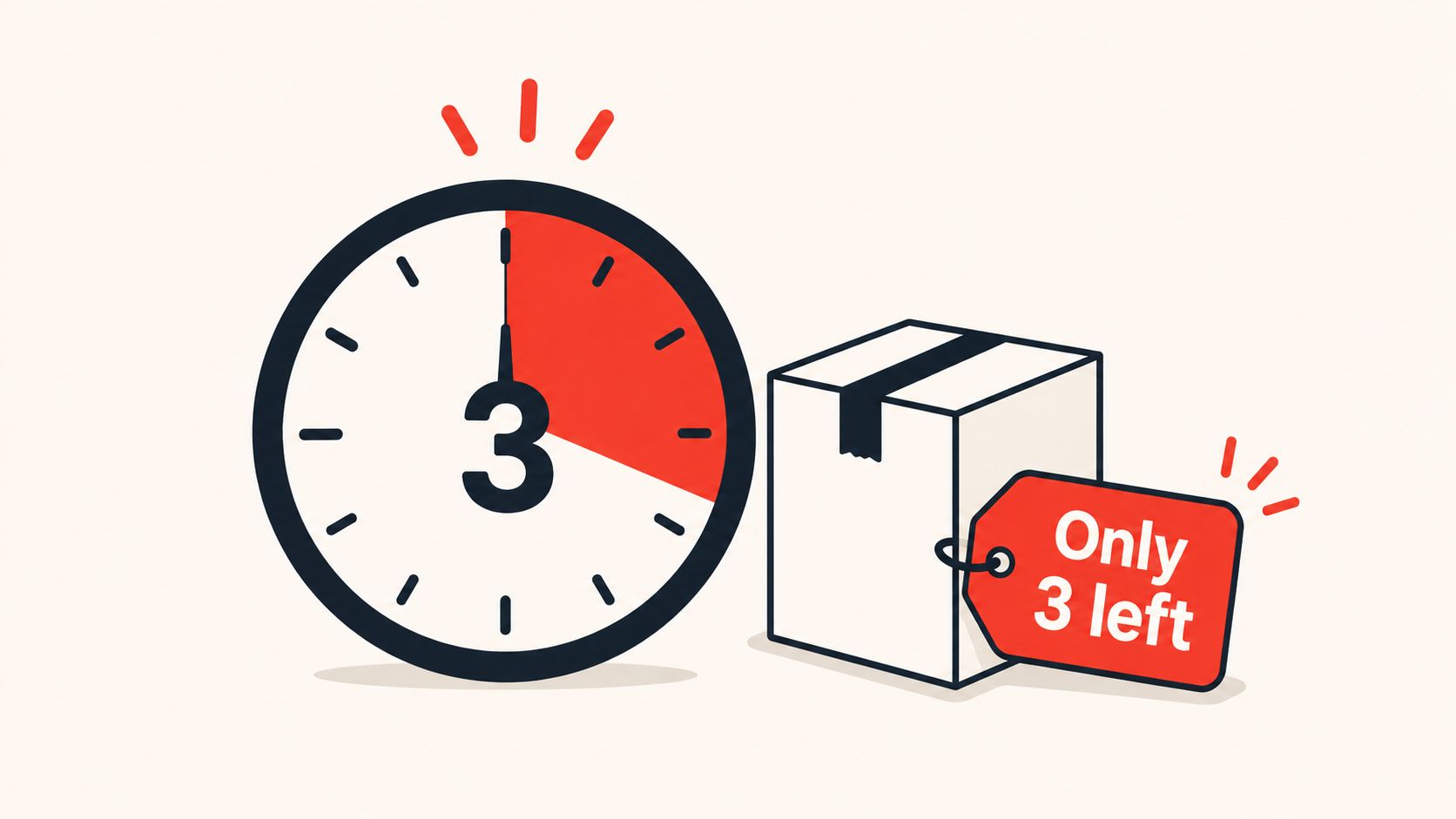 A clock showing three and a package with a red tag stating only three items left.