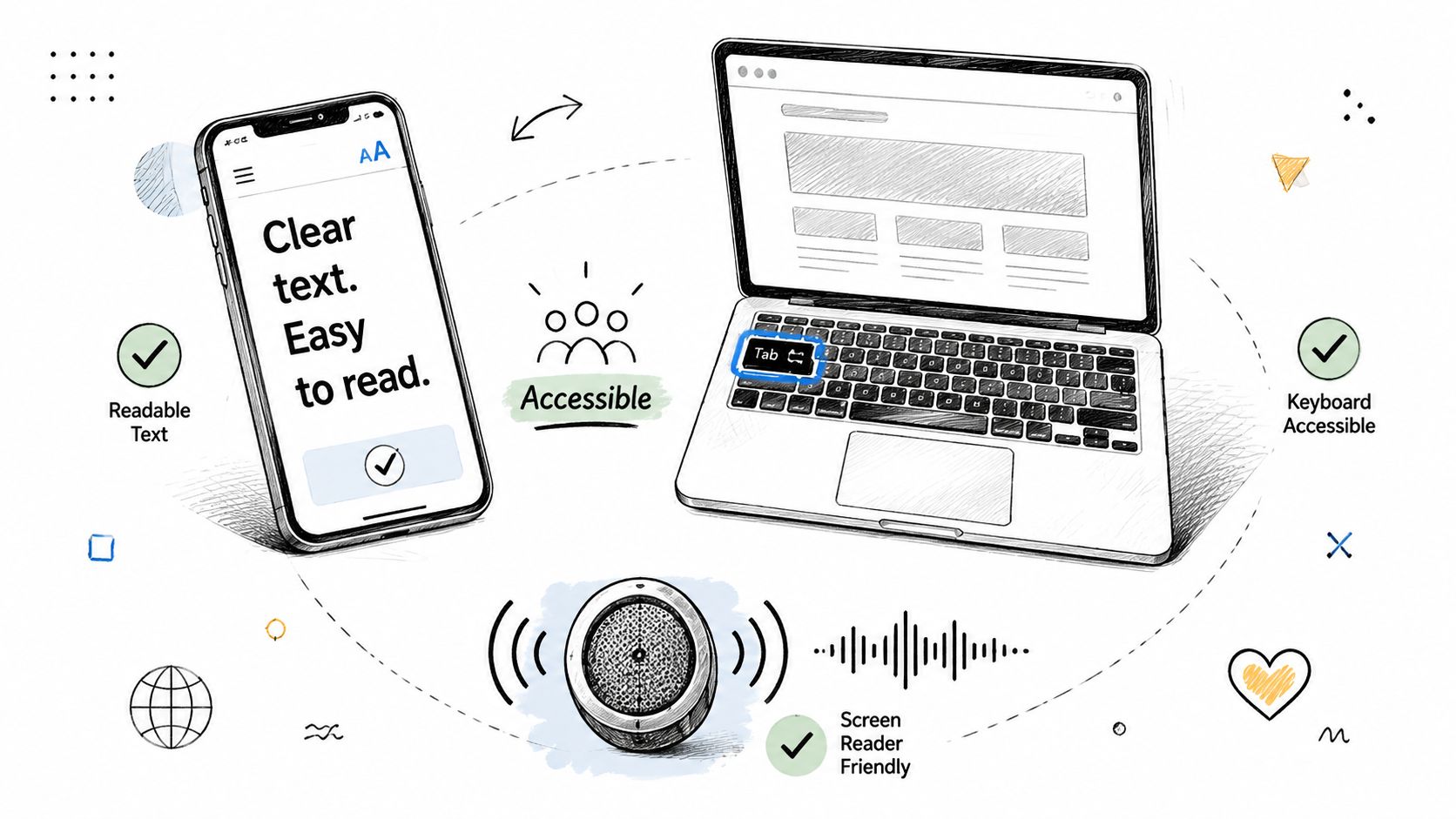 A digital illustration showing accessibility features for mobile phones, laptops, and voice-assisted devices for diverse users.
