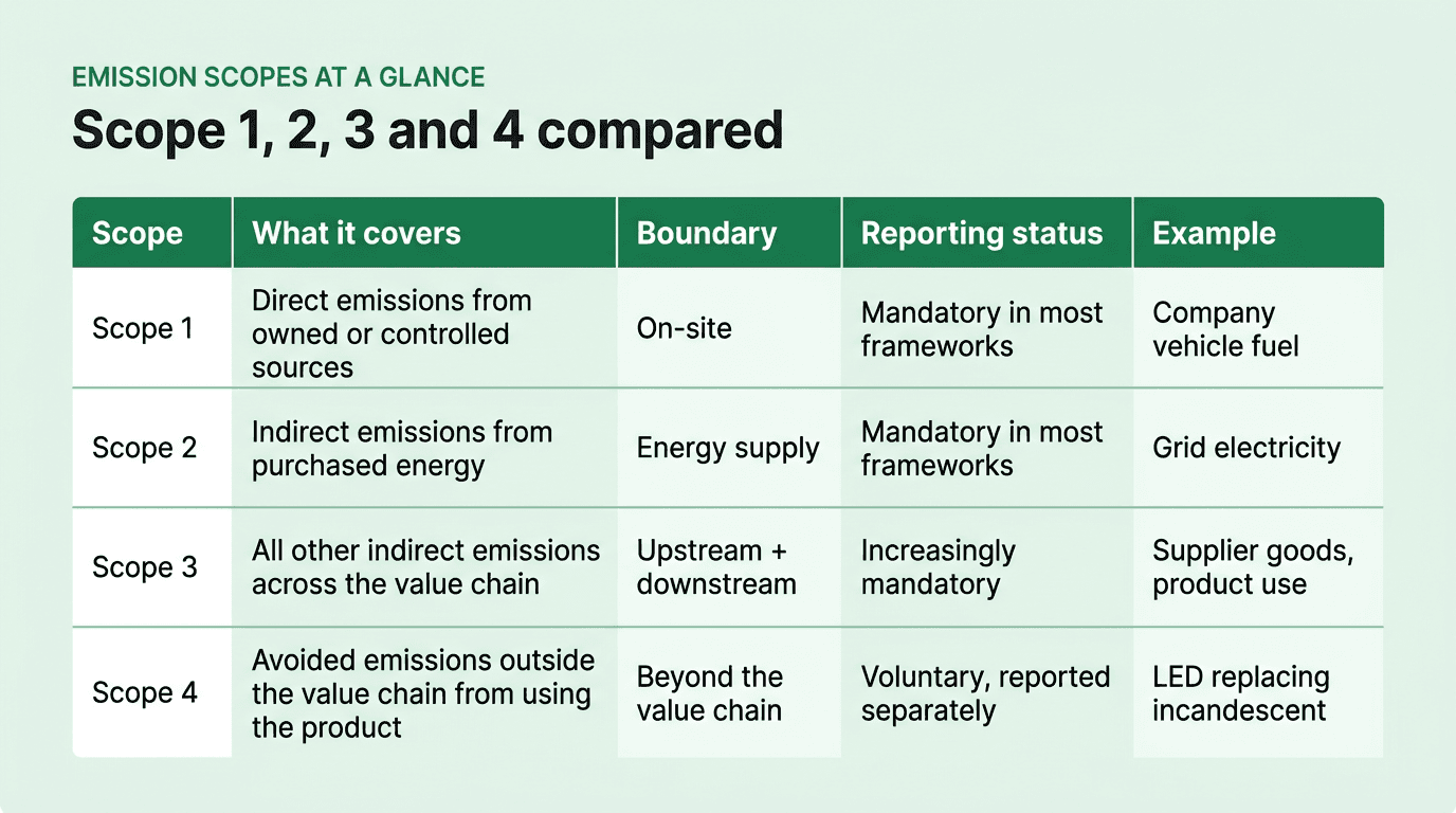 Table comparing what Scope 1, 2, 3, and 4 cover, their boundaries, reporting status, and typical examples, to show where avoided emissions sit relative to the inventory scopes