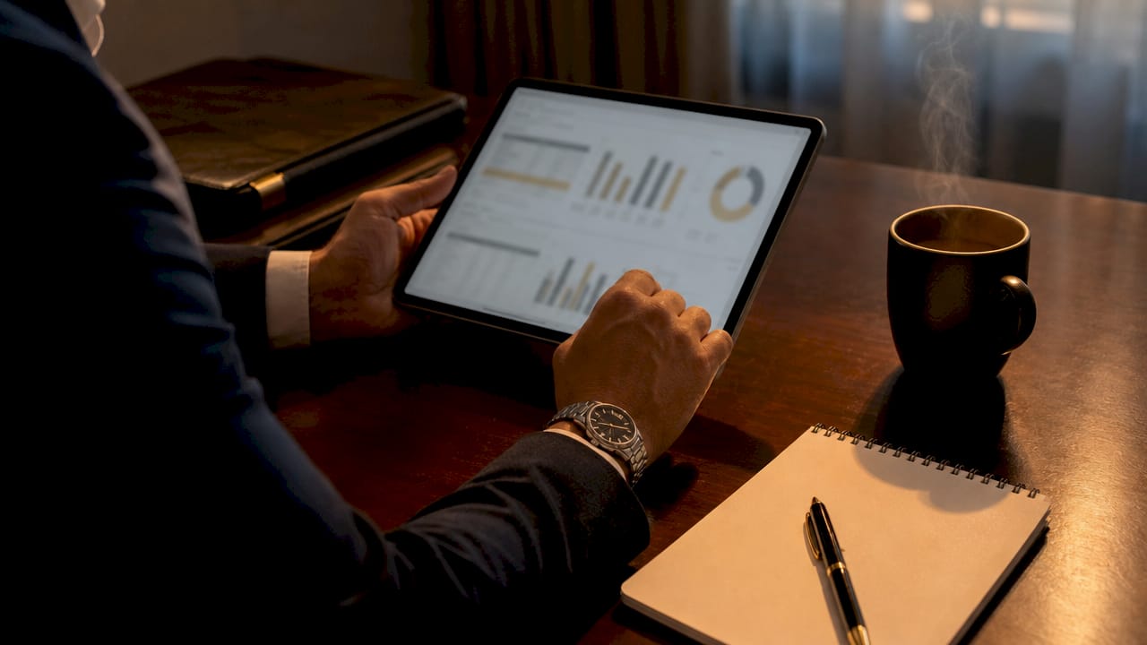 Top-down view of professional interacting with financial data tablet