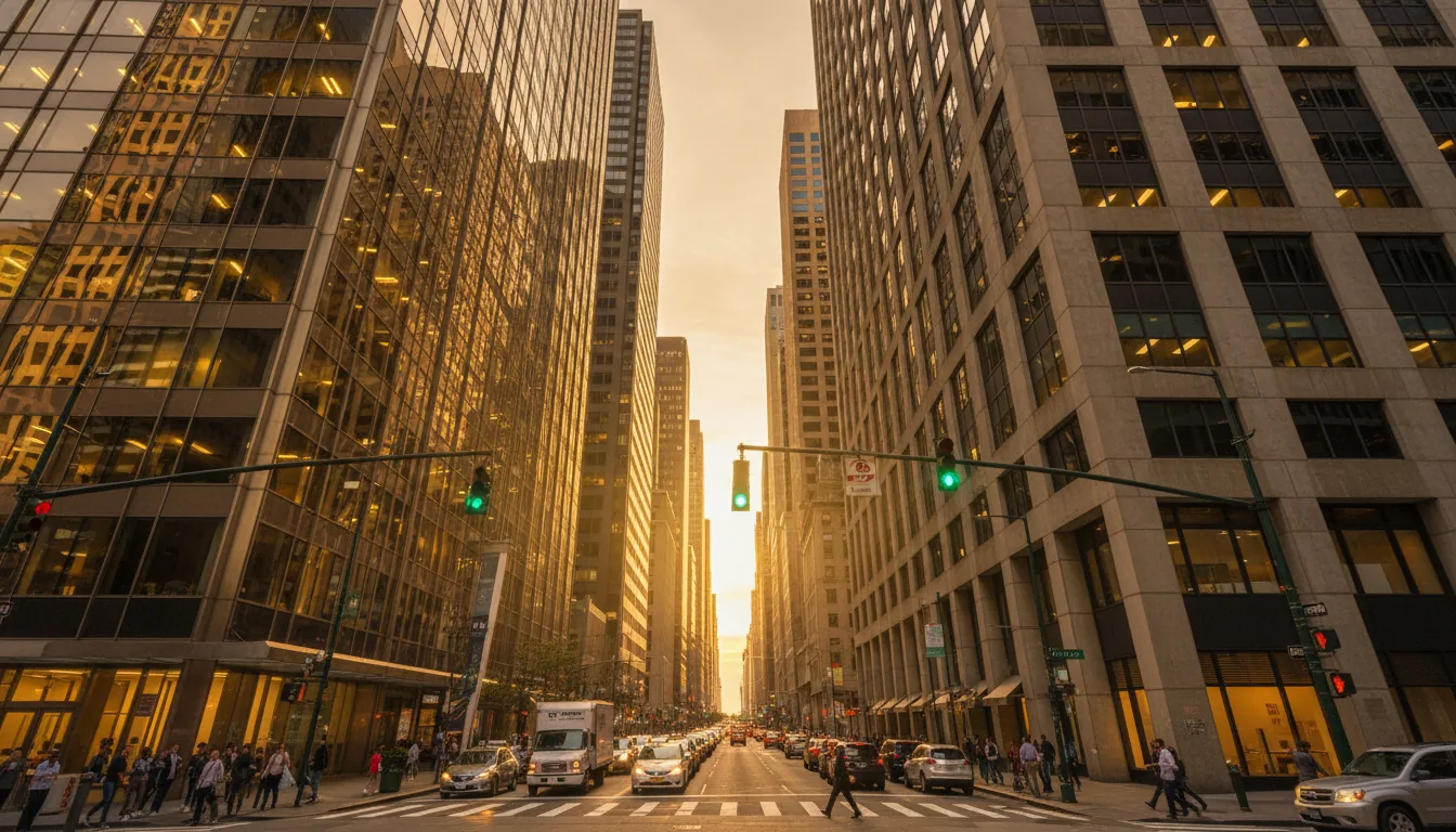 Wide-angle DSLR photograph from a low-angle perspective, looking up a bustling city street canyon in a financial district during golden hour. On the left, a modern skyscraper with a textured, reflective gold-glass facade gleams in the sunset. On the right, a contrasting concrete and glass high-rise. The street is active with cars, a white truck, and pedestrians at a crosswalk. Traffic lights glow green. The scene is illuminated by the warm, setting sun and emerging interior office lights. Sharp focus, high-detail, professional architectural photography.