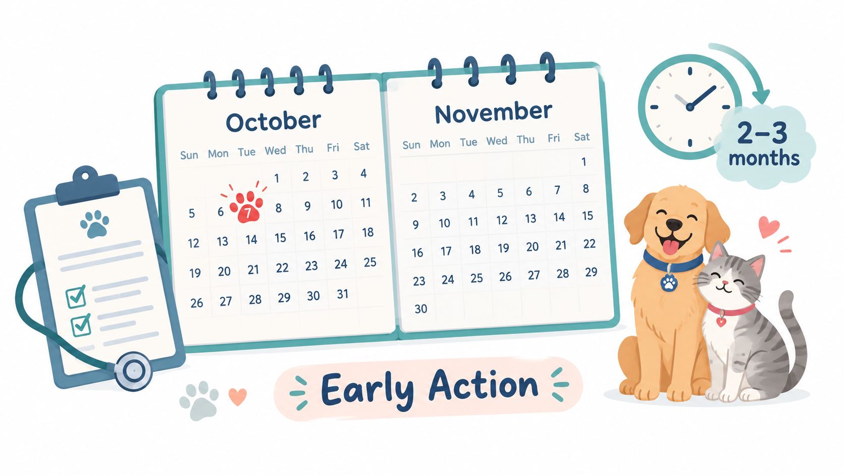 A calendar showing October and November, a pet medical clipboard, and a happy dog and cat.