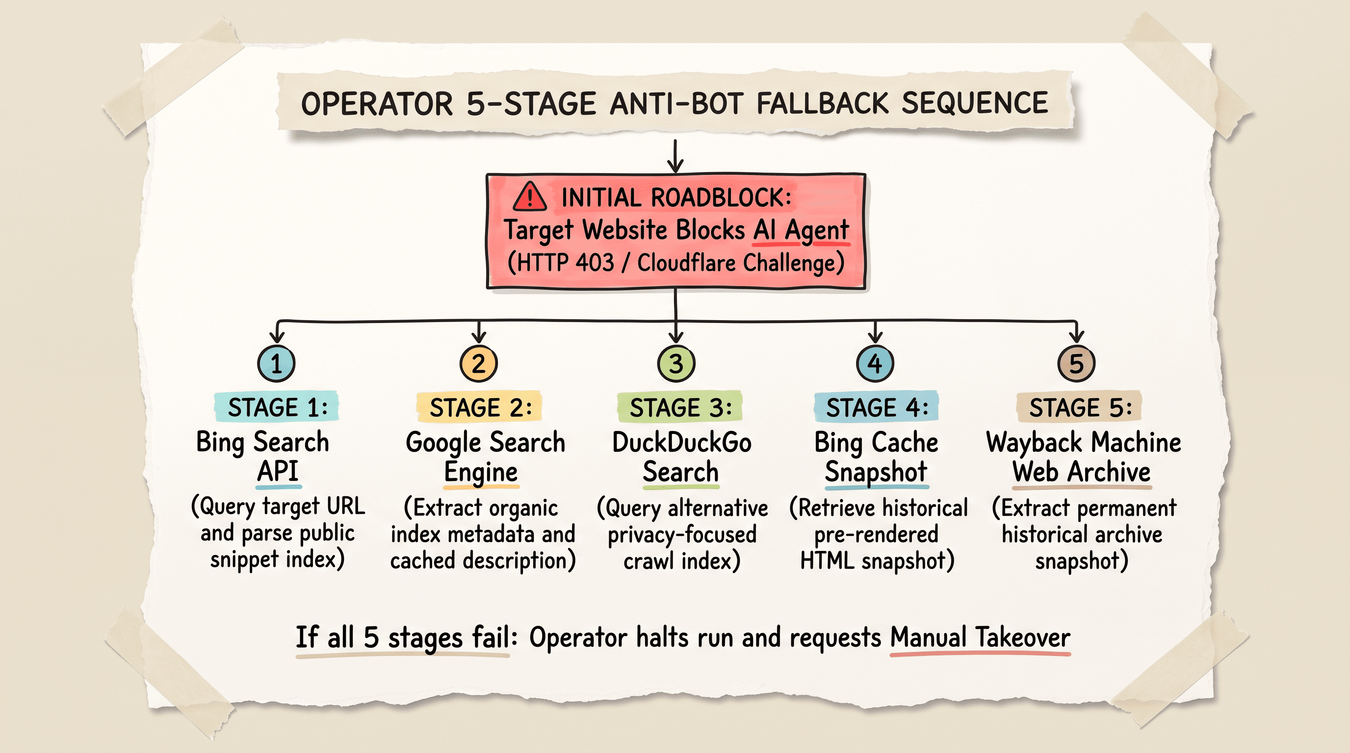 Diagnostic scrapbook diagram mapping Operator automated 5 stage fallback sequence when blocked by website anti bot systems