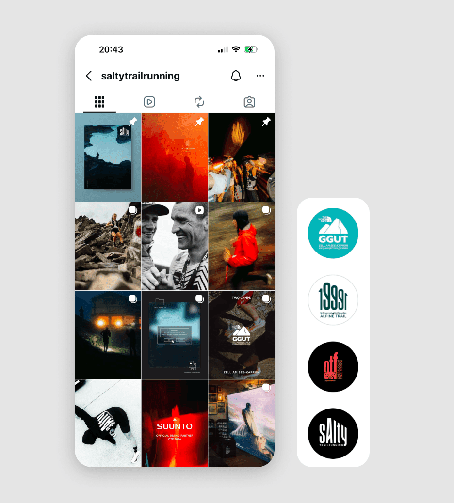 salty trailrunning mockup von instagram und logos von grossglockner ultra trail oberaudorf trail festival schnalstal apline trail und salty trailrunning feed übersicht