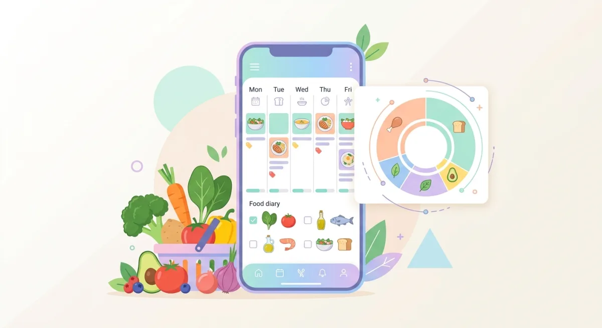 Meal planning app idea shown on a phone with a food diary and nutrition chart