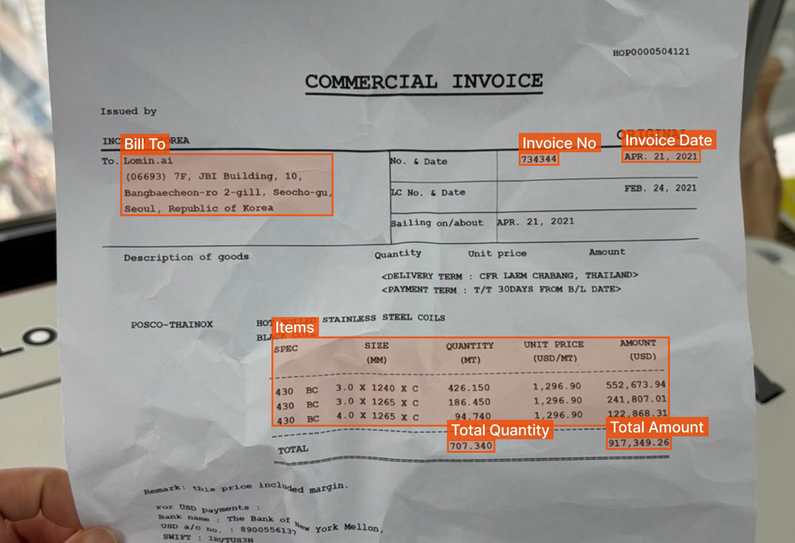 Commercial Invoice OCR result