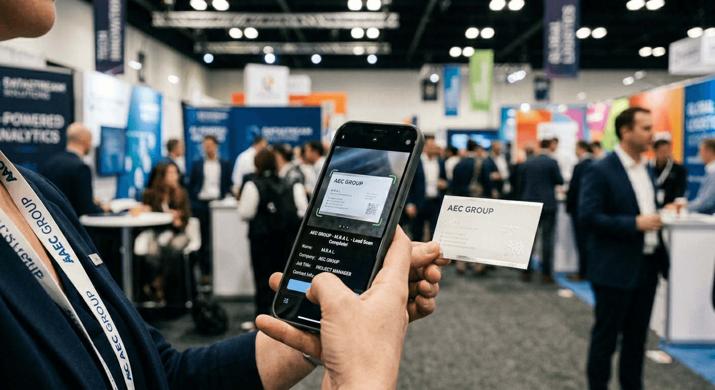 Business card scanning at a trade show using Habsy for accurate lead capture and follow-up management.