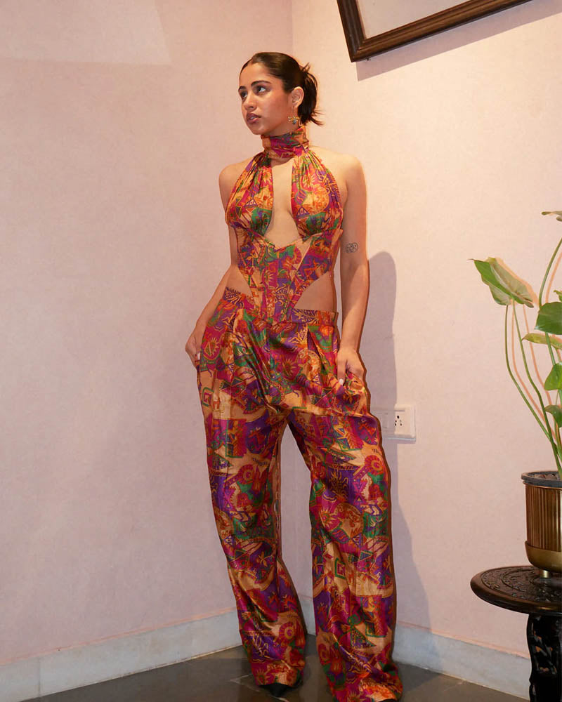 Vivienne printed silk tube corset made from vintage saree with open bustline, deep V-cut hips, and halter choker-style neckline.