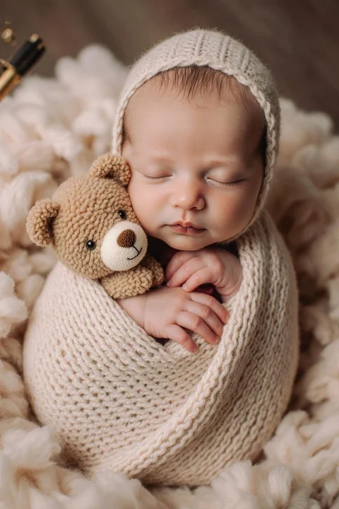 Sleeping newborn in a beige blanket holding a knitted teddy bear
