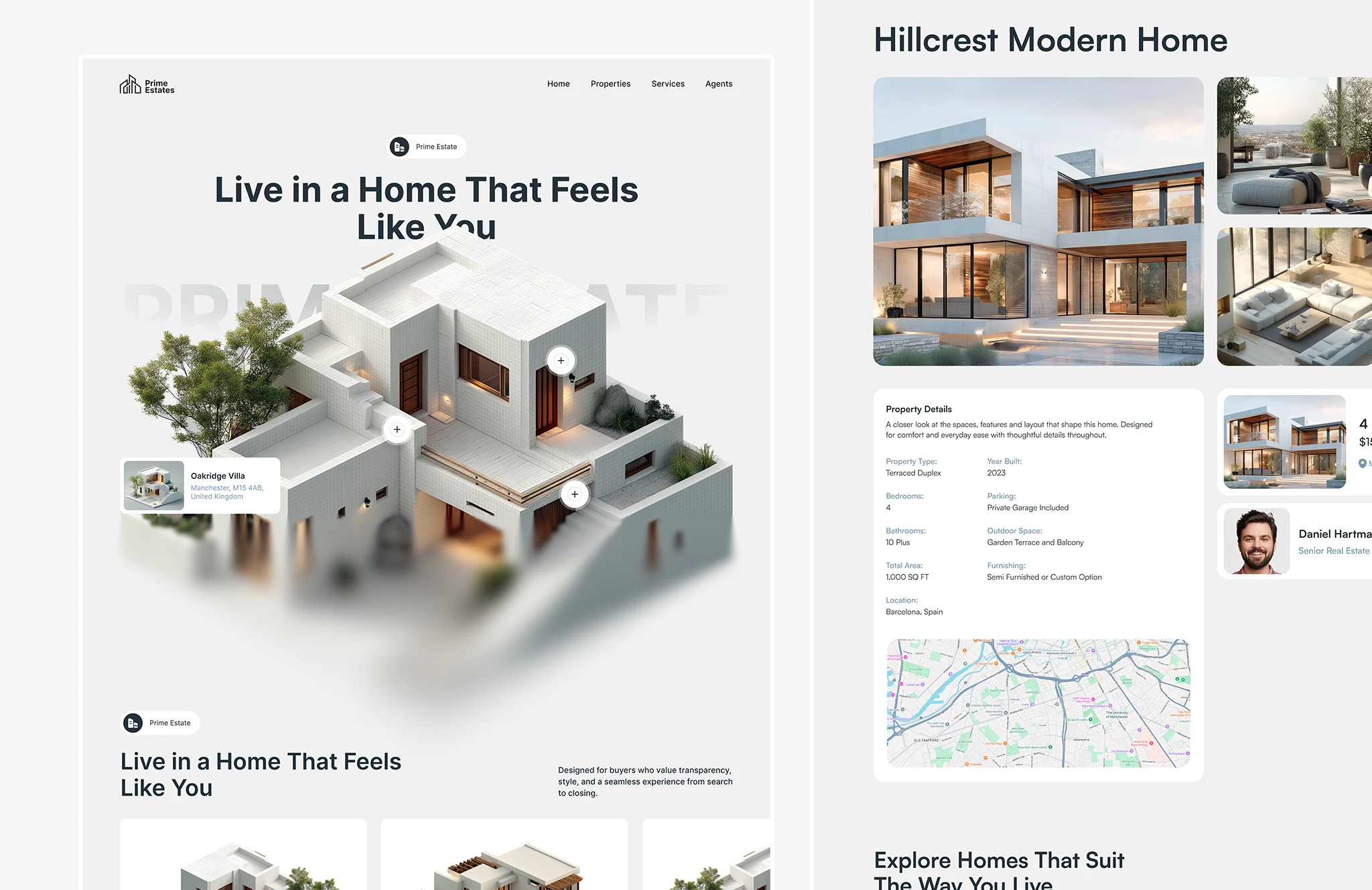 Modern real estate website hero design featuring a luxury home, clean UI layout, and premium property branding for real estate businesses