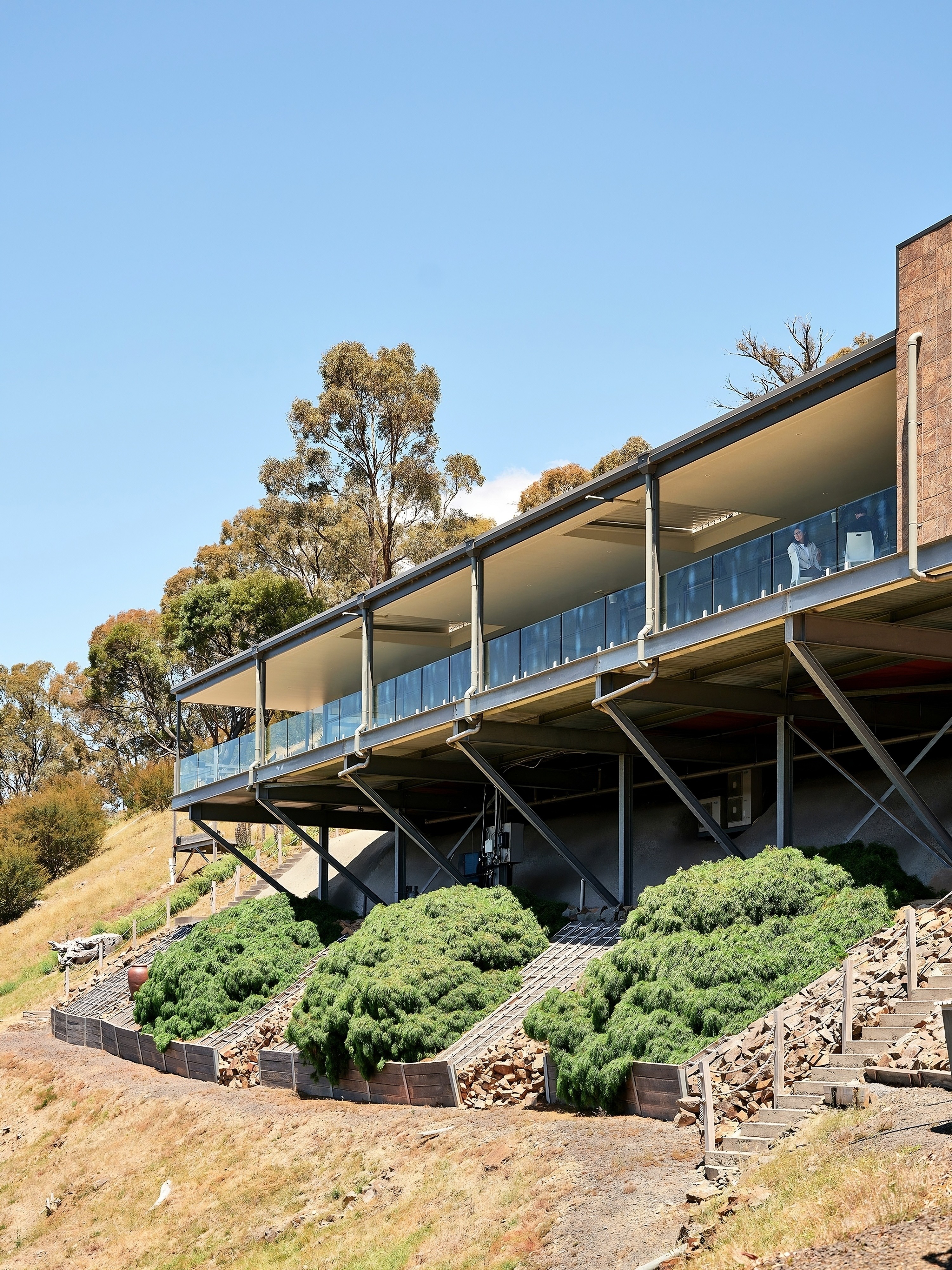 Modern hillside house with glass balcony and sloped garden beds