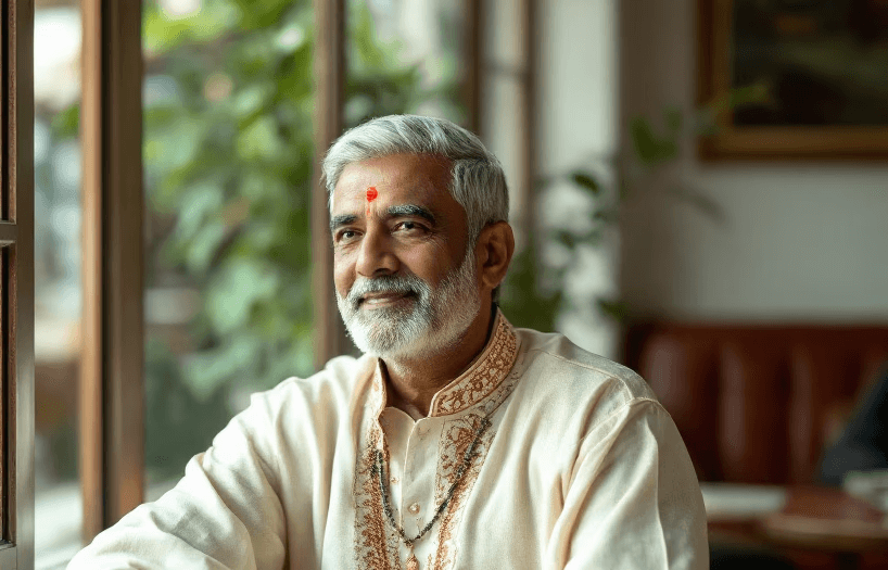 An older man with a beard smiles warmly, sitting indoors among plants and cozy furniture.