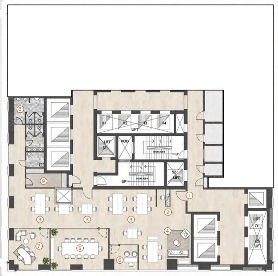 Professional half-floor office plan at Ash Tower, optimized for executive privacy and collaborative meeting spaces.