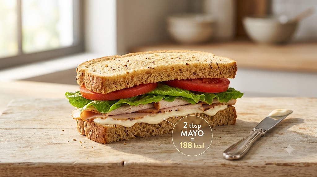 A premium editorial photograph of a freshly prepared turkey breast, tomato, and lettuce sandwich on whole-wheat bread. The sandwich rests on a rustic wooden cutting board next to a butter knife. An embedded infographic callout highlights that 2 tablespoons of mayonnaise add 188 kcal to the sandwich, demonstrating how mayo impacts a sandwich's nutritional value.