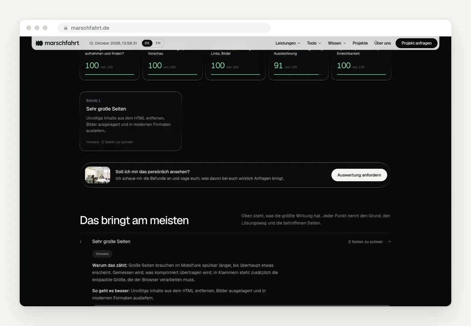SEO-Check Empfehlungen nach Wirkung sortiert: sehr große Seiten mit Lösungsweg