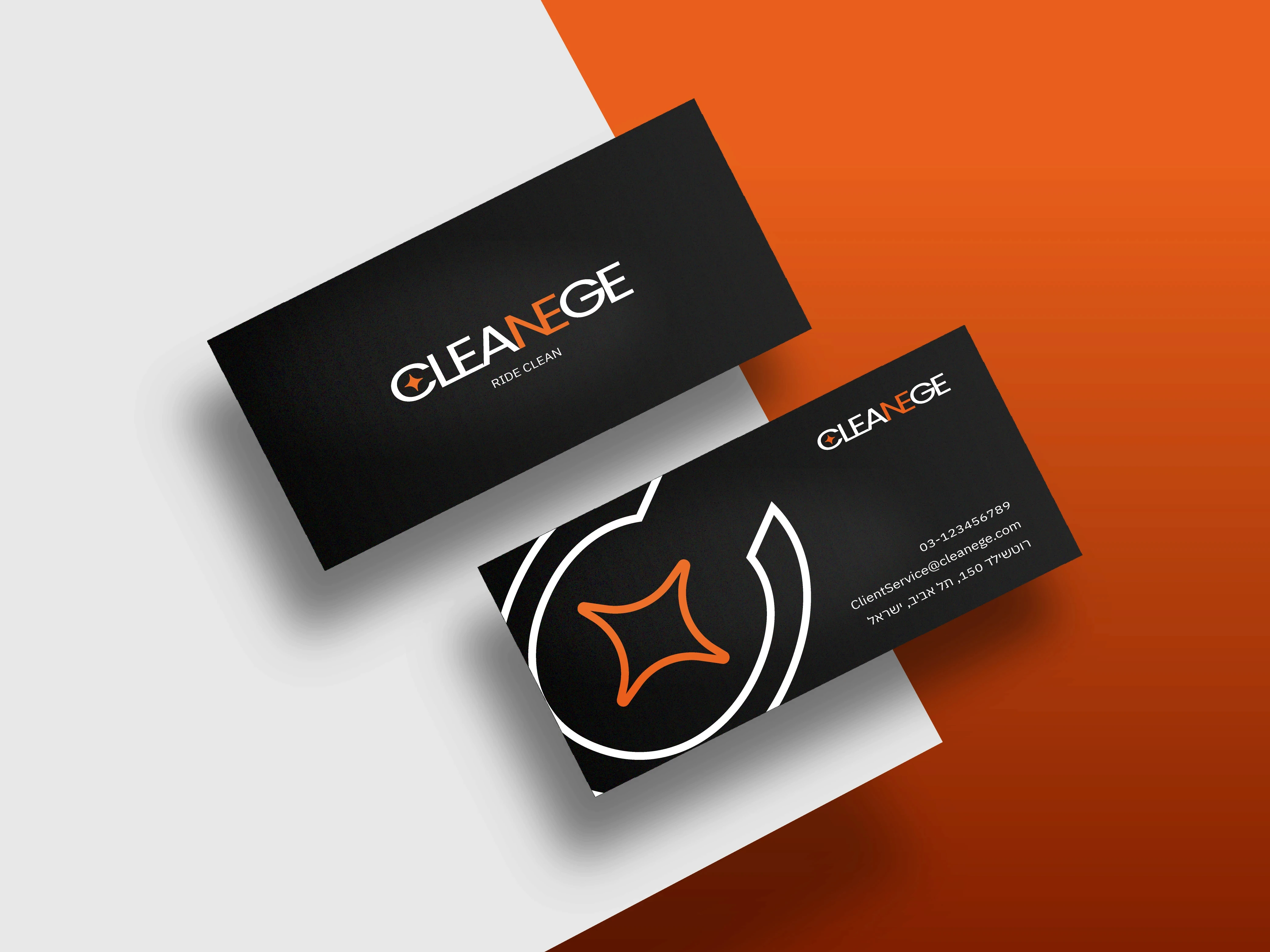 mockup of cleanege business card on a white and orange background