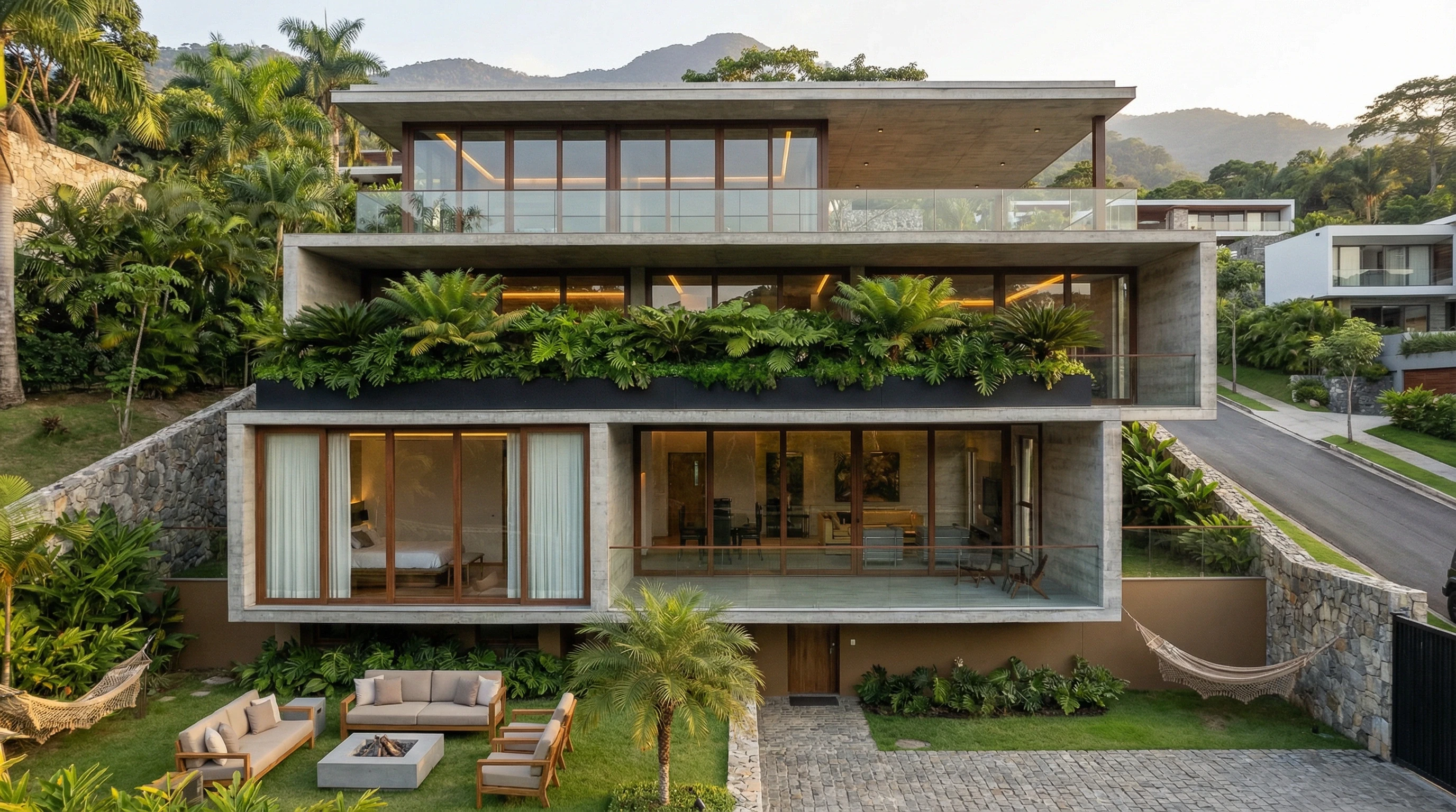 Rendered hillside home at Forest Hill with terraced gardens and mountain views