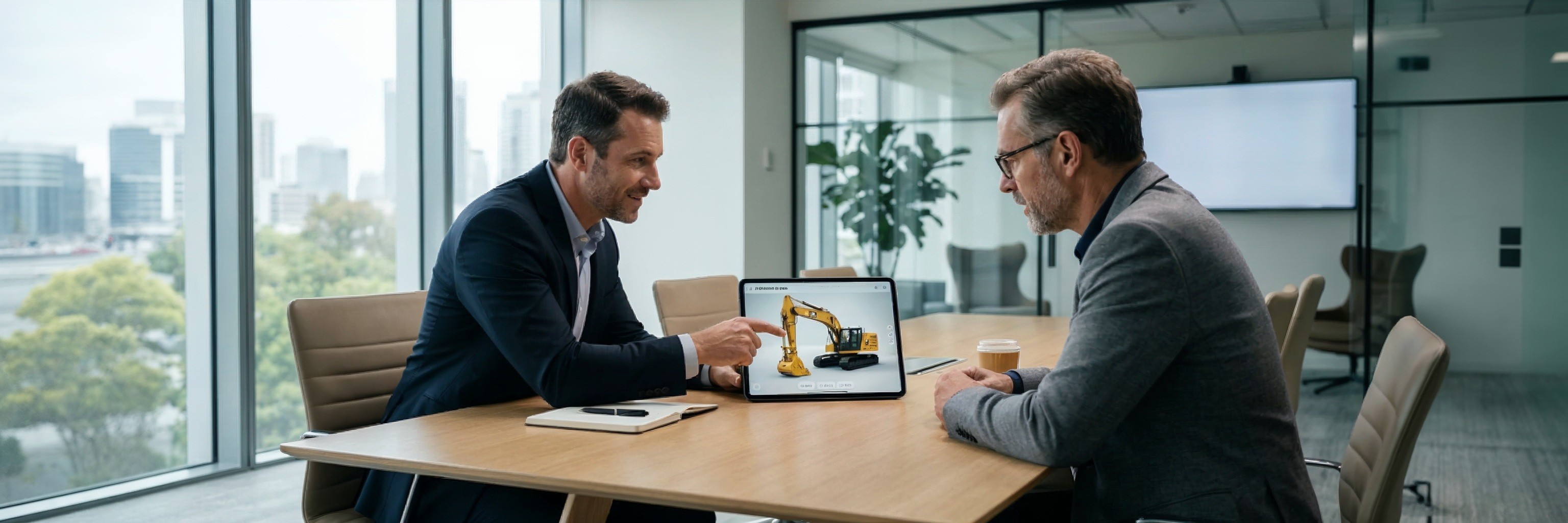 Business professionals reviewing an interactive 3D digital twin during a sales meeting
