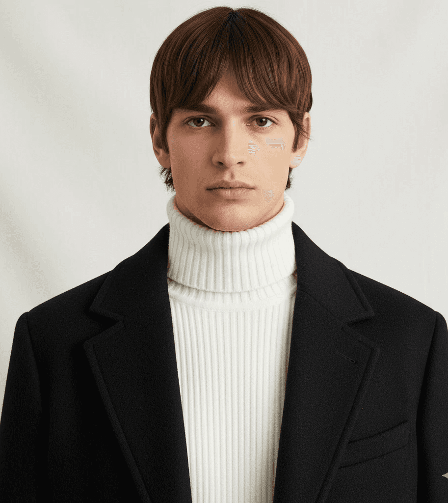 Man with straight brown hair in black overcoat and white high-neck sweater.