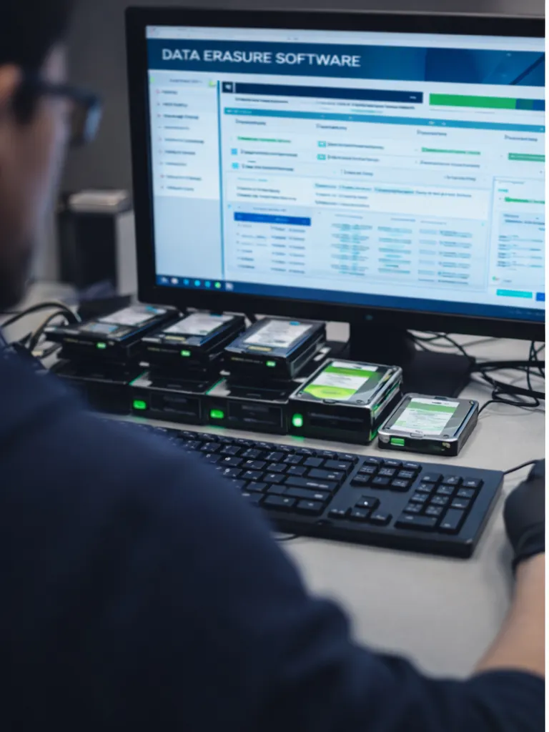Multiple hard drives connected to a workstation for data wiping and verification, highlighting secure data destruction processes