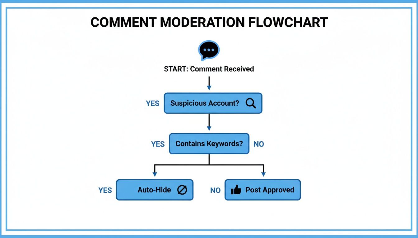 Flowchart showing comment moderation steps, from receiving comments to auto-hide or approval.