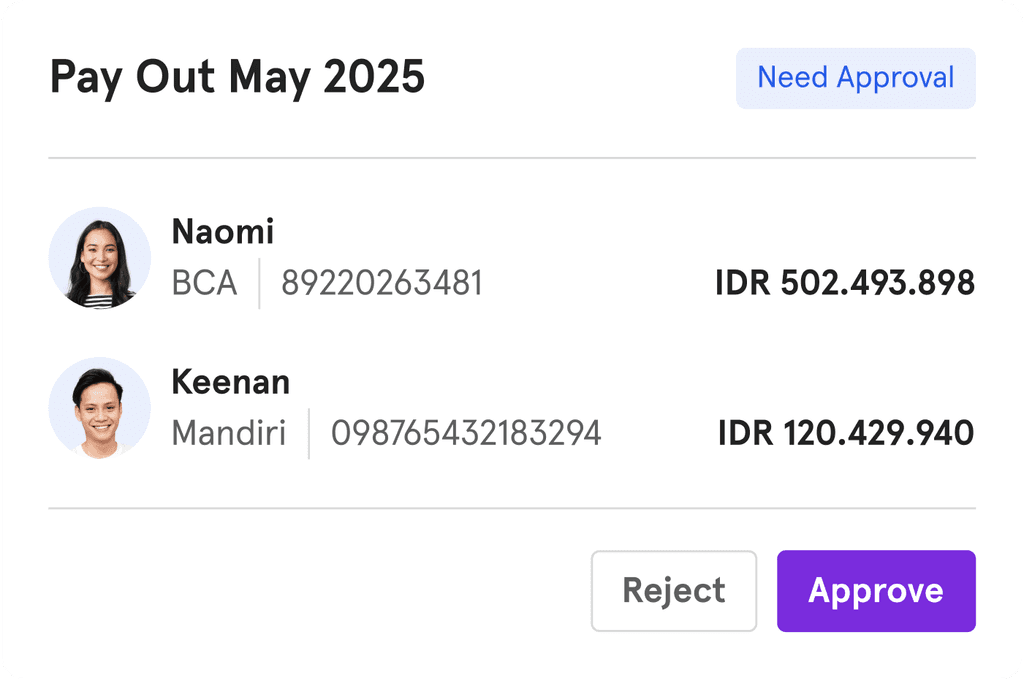 Durianpay Pay Out interface showing high-value transaction pending approval with maker-approver role flow
