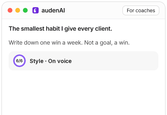 On a phone: a coaching insight drafted as a post in your voice