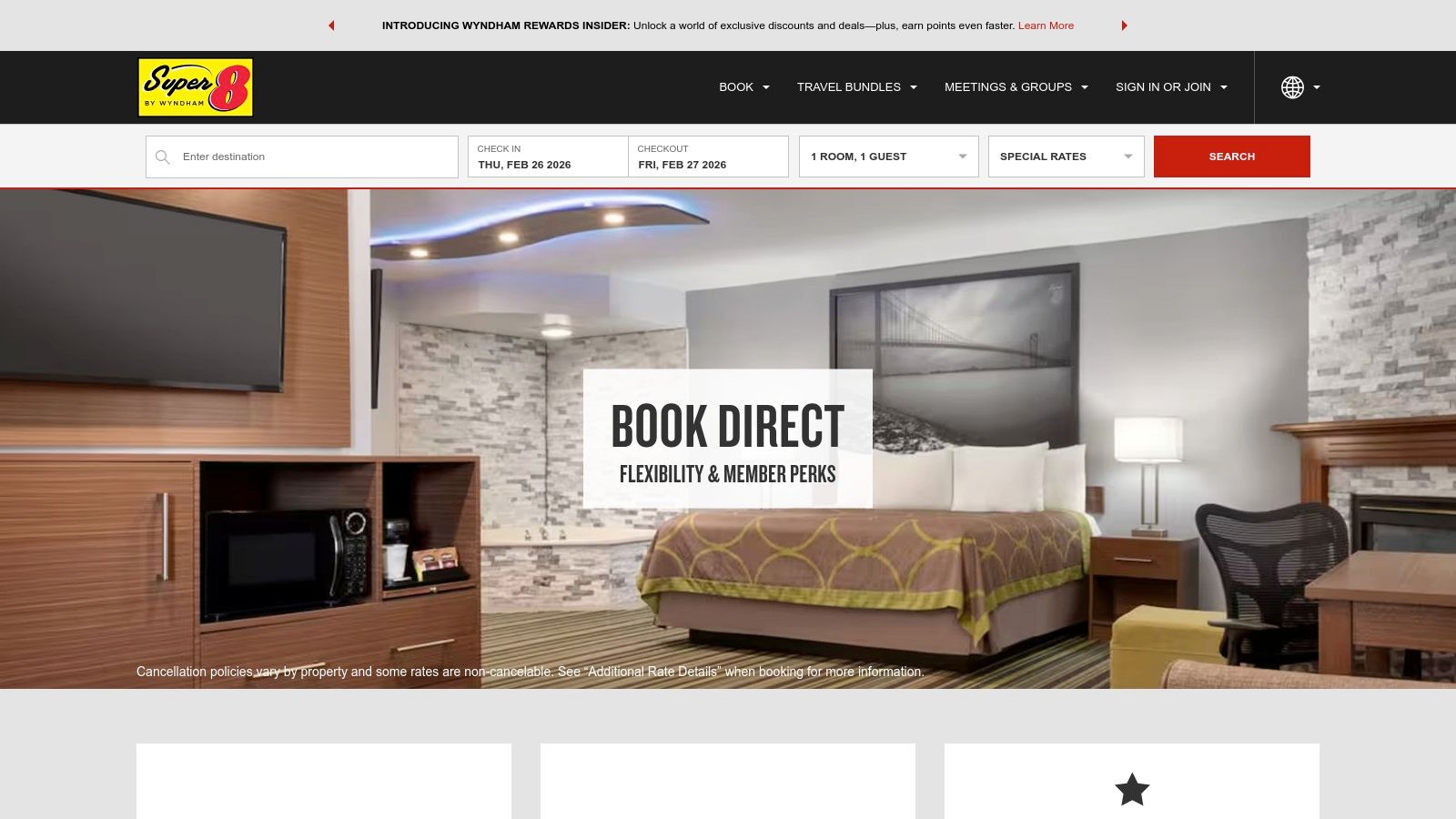 A screenshot of the Super 8 by Wyndham website, featuring a search tool for finding hotels by destination.