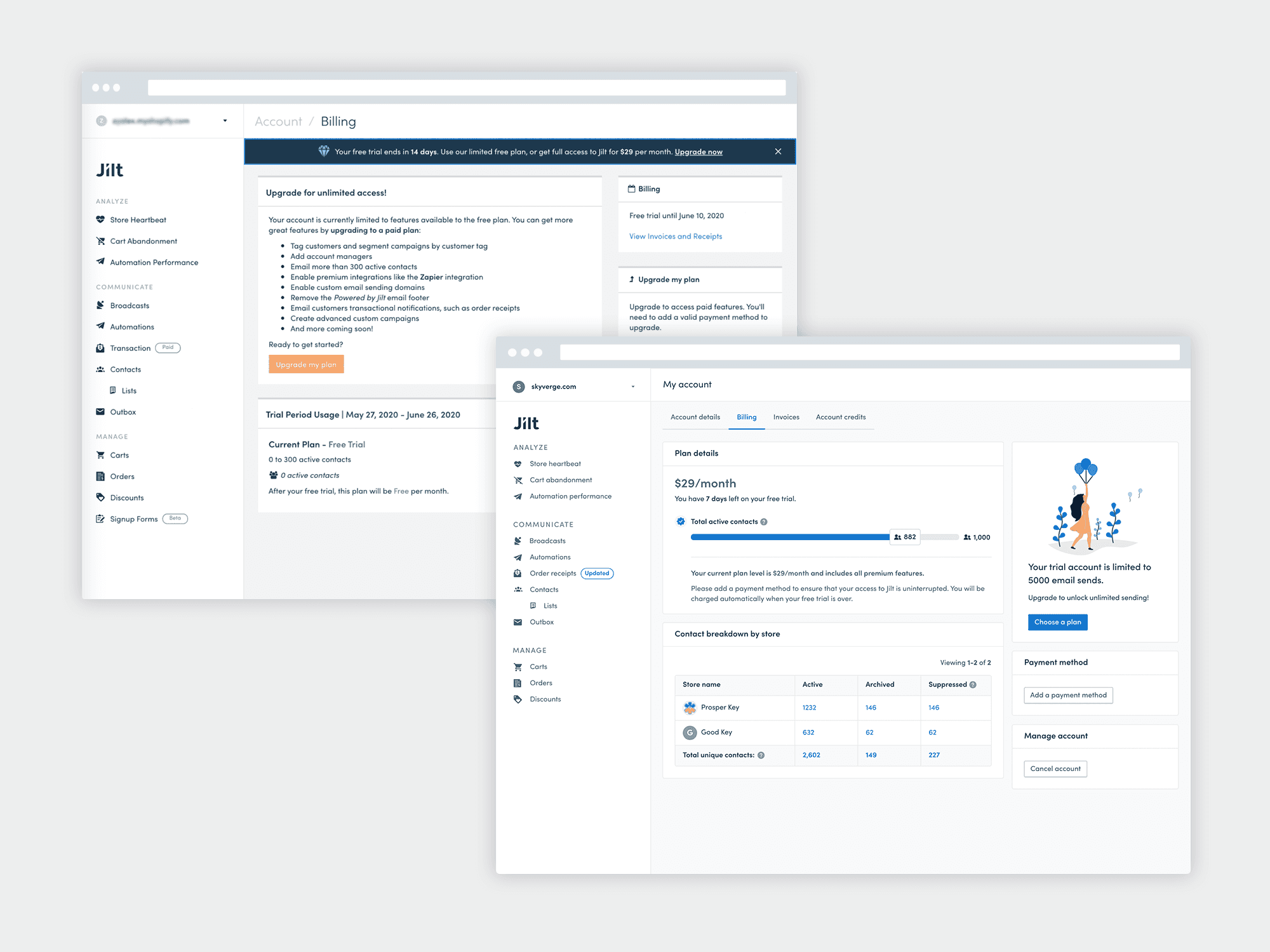 Before and after screens detailing a complete UI/UX overhaul of the Account settings & Billing area within Jilt.